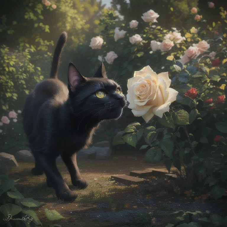 there is a black cat standing in a garden with a rose, adorable digital painting, photorealistic disney, beautiful digital artwork, ultra realistic 3d illustration, by Alexander Kucharsky, 🌺 cgsociety, realistic fantasy render, highly realistic photo, ultra realistic picture, photorrealistic concept art, realistic picture, beautiful realistic photo, realistic art, highly realistic digital art
