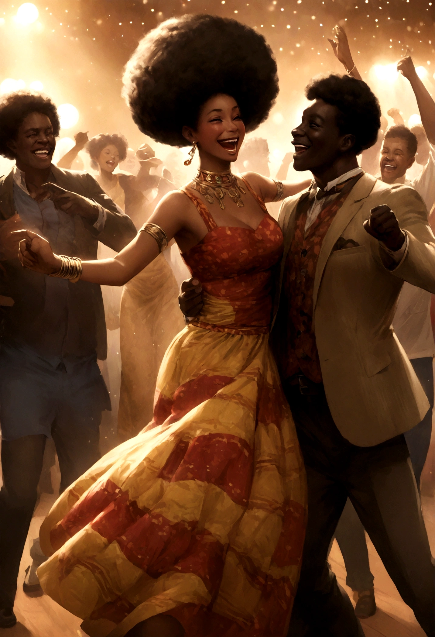 hyper realistic negro African people at a day party dancing, men and women in their 30s wearing African print attire, dancing and having fun, Hair in afro texture and braids