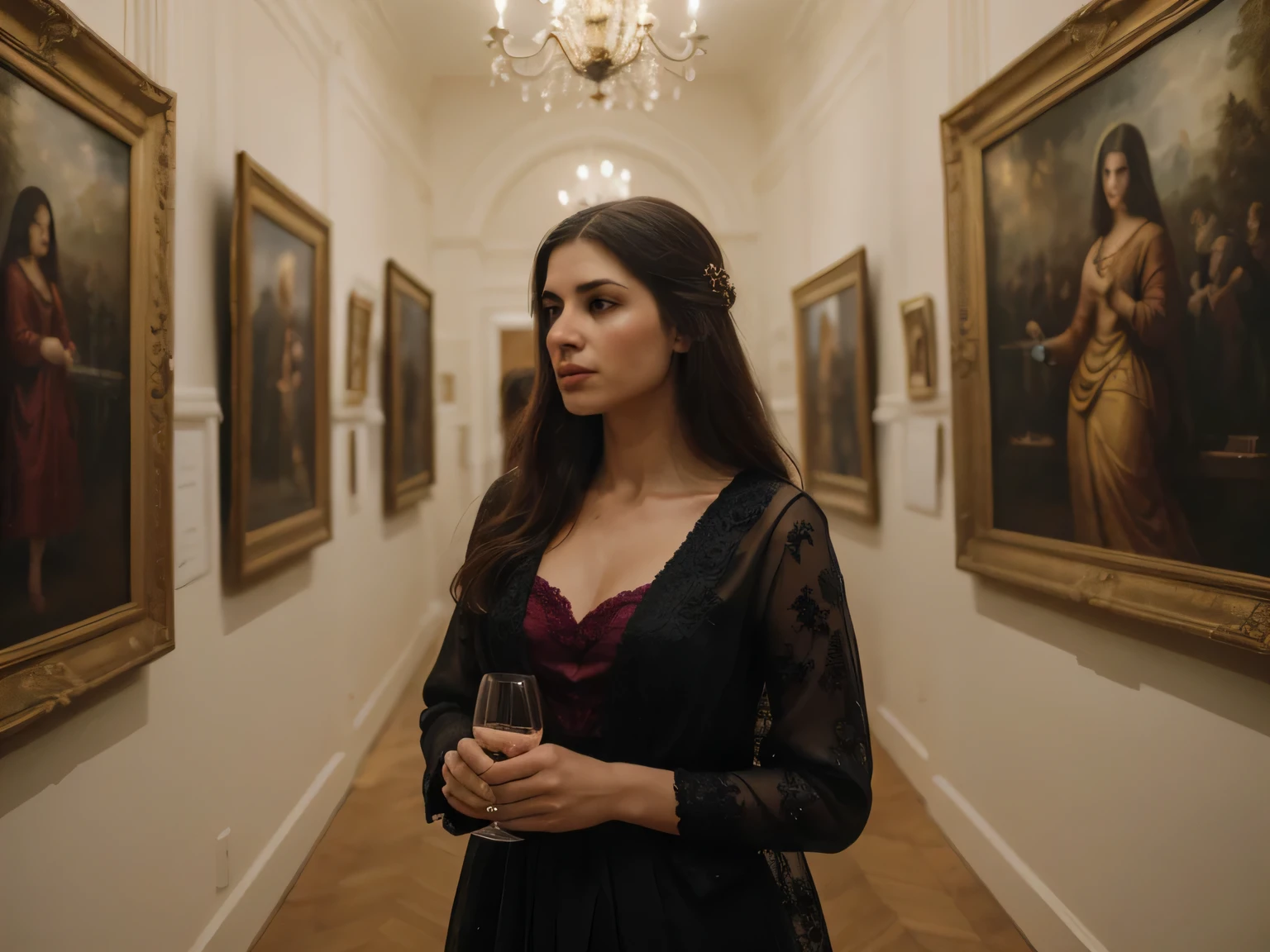 a fashionable person attending an art gallery, holding a wine glass, paintings of nautre, intricate sculptures, festive formal attire, serene atmosphere, dramatic lighting, masterful brushwork, photorealistic, ultra-detailed, 8k, cinematic, dramatic composition, moody colors, chiaroscuro, mystical ambiance, hyperrealistic