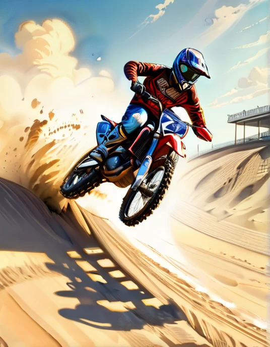 Motociclista, Salto se moto, Motocross Saltando na rampa da pista, rolando na areia, com sol, Manga drawing style, Realista, distant vision