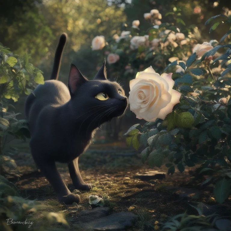 there is a black cat standing in a garden with a rose, adorable digital painting, photorealistic disney, beautiful digital artwork, ultra realistic 3d illustration, by Alexander Kucharsky, 🌺 cgsociety, realistic fantasy render, highly realistic photo, ultra realistic picture, photorrealistic concept art, realistic picture, beautiful realistic photo, realistic art, highly realistic digital art