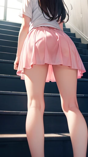 At the top of the stairs，Peek into the skirt from below，Long skirt，Long skirtをめくる，（（（turn around））），Hold the skirt with your hands，Pink Panties，See-through