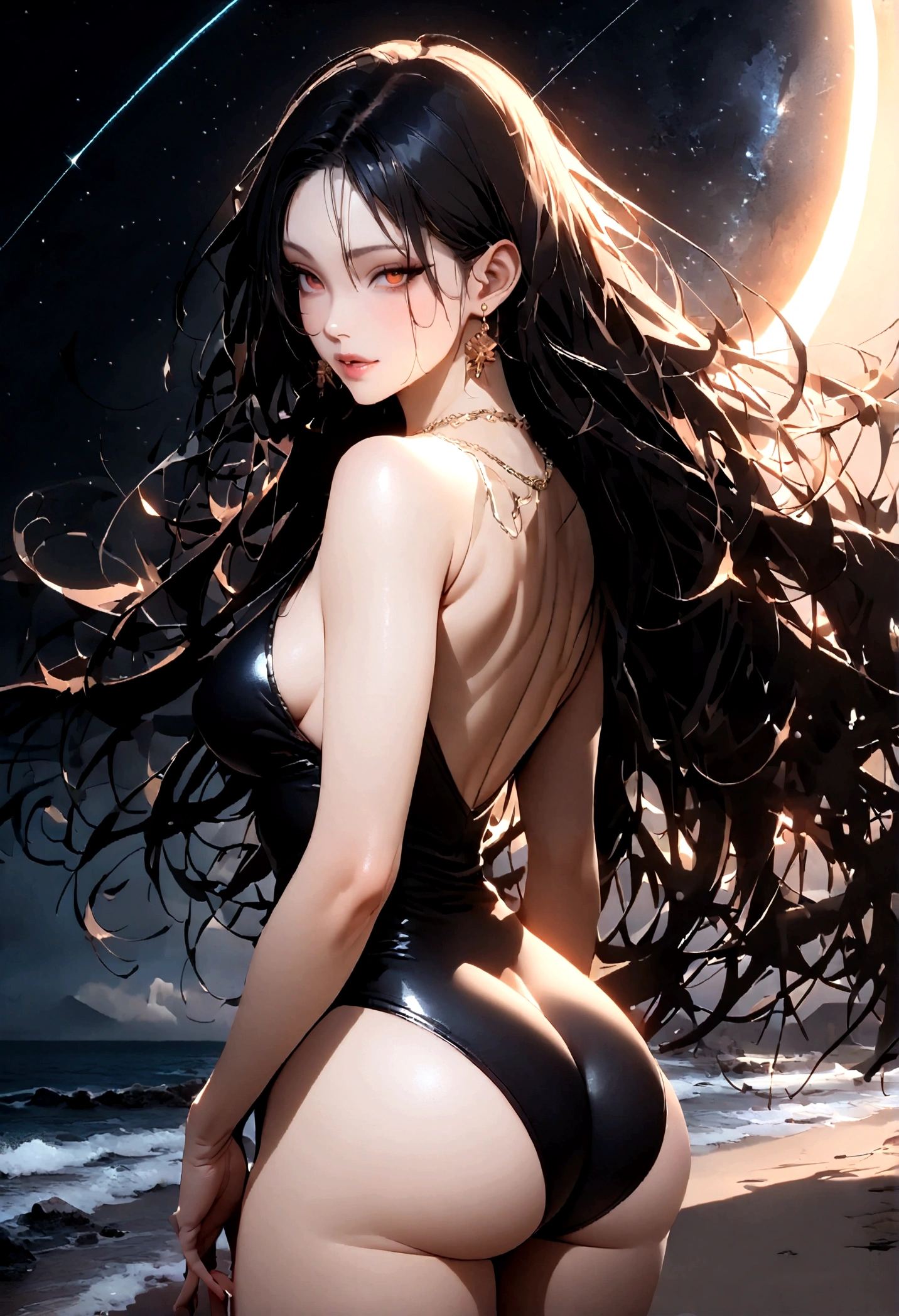 8k, masterpiece, RAW Photos, highest quality, Realistic, Very detailed, Depth of written boundary, Cinematic Light, Anatomically correct body,
One beautiful 40 year old woman, Very beautiful face, Exquisitely detailed face, (A seductive face:1.4), Very delicate skin texture, Transparent muscle, Shiny white skin, Glamorous Body,
(Wavy black long hair:1.2), (Sexy Breasts:1.1), (Sexy ass:1.1),
(Bold high-cut swimsuit:1.2), (Detailed cloth texture:1.2), (Gorgeous necklace:1.1), (Gorgeous earrings:1.1),
(Dark starry background:1.4), (Milky Way:1.1), (milky way:1.1), (shooting star:1.1), (Dark coastline at night:1.4), (Pitch black sea surface:1.4),
(Standing on the beach:1.2),
(Beautiful back view:1.2),