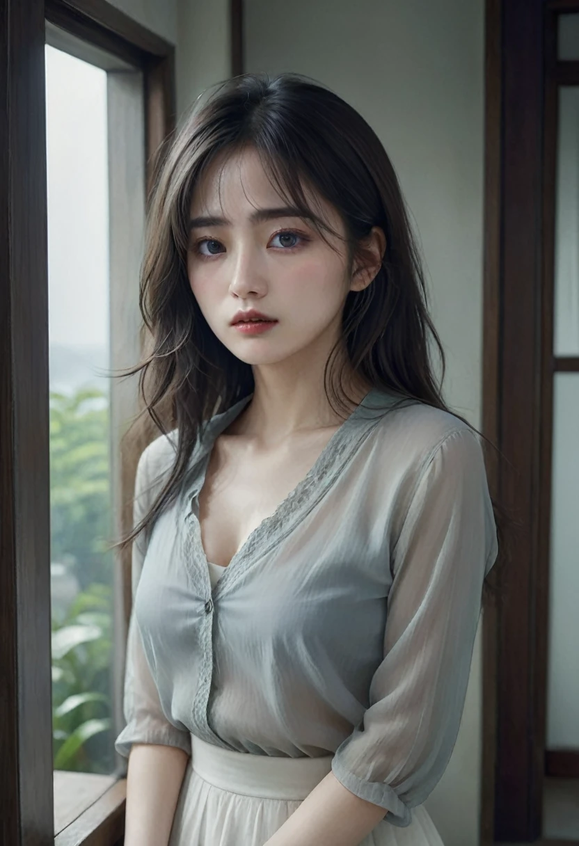 Full body portrait、a woman suffering from sex addiction, beautiful detailed eyes, beautiful detailed lips, extremely detailed eyes and face, long eyelashes, melancholic expression, disheveled hair, partially open blouse, sensual pose, moody lighting, dramatic chiaroscuro, cinematic composition, muted color palette, oil painting, masterpiece, 8k, high-quality, photorealistic, hyper-detailed, intricate details, dramatic lighting, emotional, melancholy, intimate