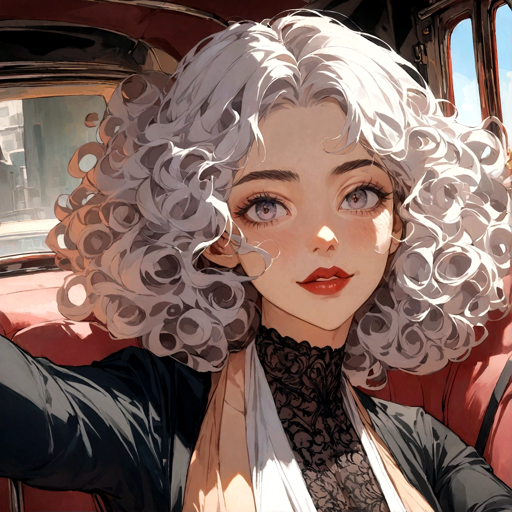 1 femme latina, en selfie , detailed face, dans une voiture, very high detail, curly hair, Profondeur de champ, cheveux noirs, nouveau