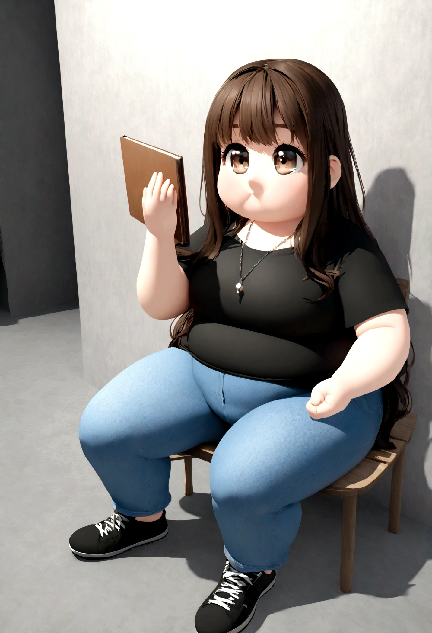 Create a 3D illustration of an animated young character sitting casually. The character must wear a black t-shirt, light blue jeans, black sneakers and long, wavy dark hair. Fair skin, slightly slanted brown eyes, she is a little overweight, holding a notebook computer in one hand. She needs to have a necklace on.