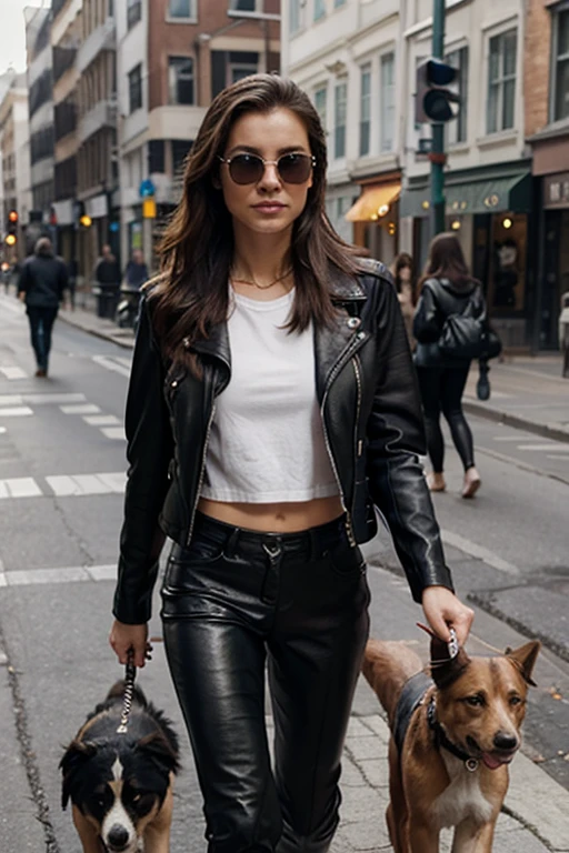 Make a woman in a leather jacket and walking with a dog