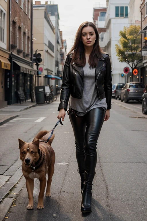 Make a woman in a leather jacket and walking with a dog