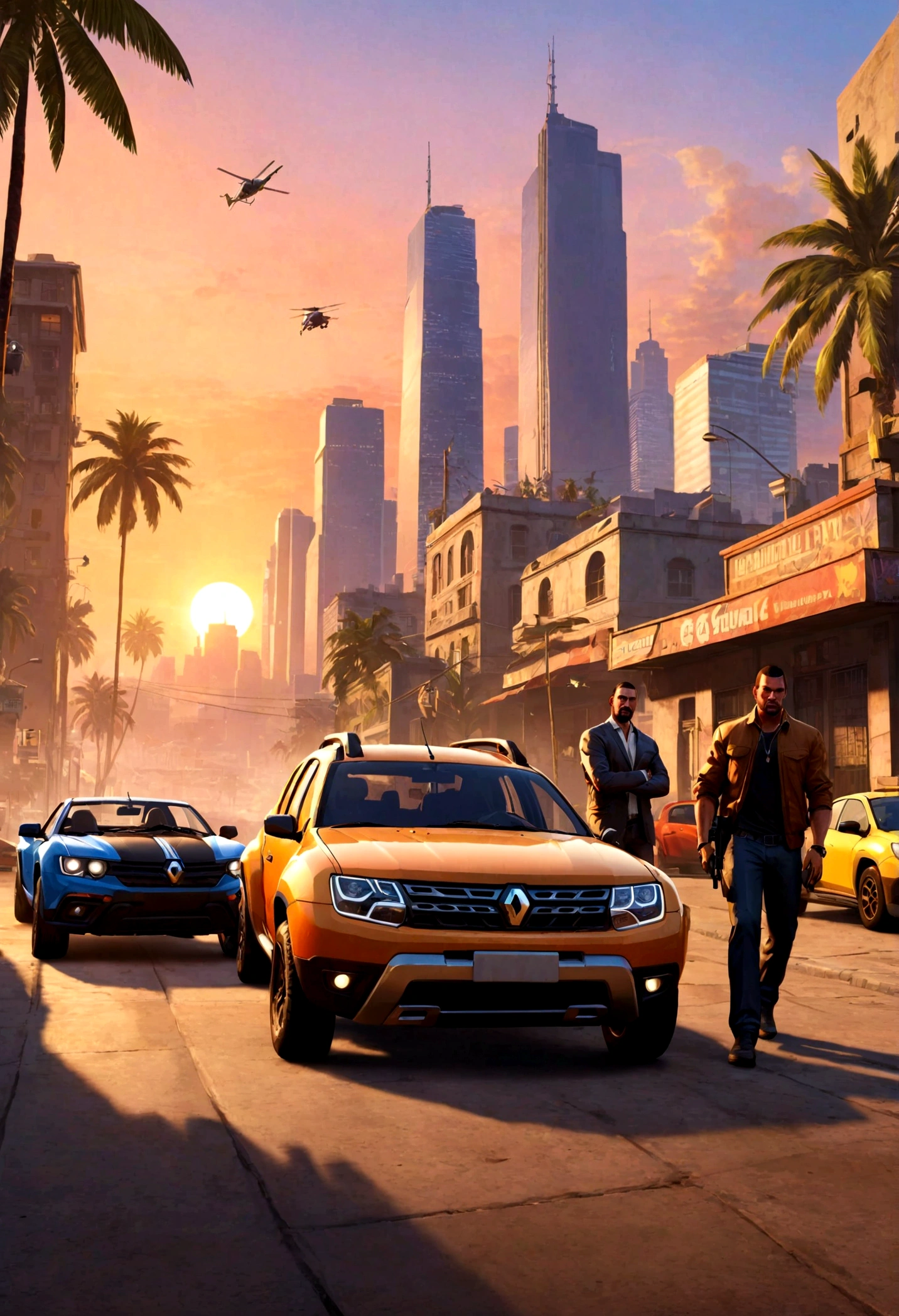 "Create an image that captures the essence of the Grand Theft Auto VI (GTA 6) game, featuring a  cityscape at sunset, a  sub, renault duster beige chase with a sports car, and, characters in vivid colors,   a couple posing in front of the vehicle, palms in in the background. The game's logo should be prominently displayed."