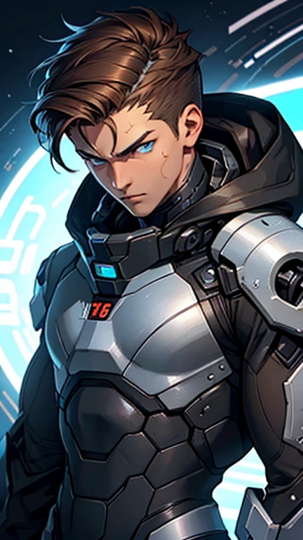 18 year old cybernetic guy in black mobile cybernetic battle suit detailed muscles realistic masterpieces full figure pose (best quality,ultra-detailed), brown hair, blue eyes, fair skin, fit body, slim figure, (cocky expression), wearing cybernetic battle spacesuit