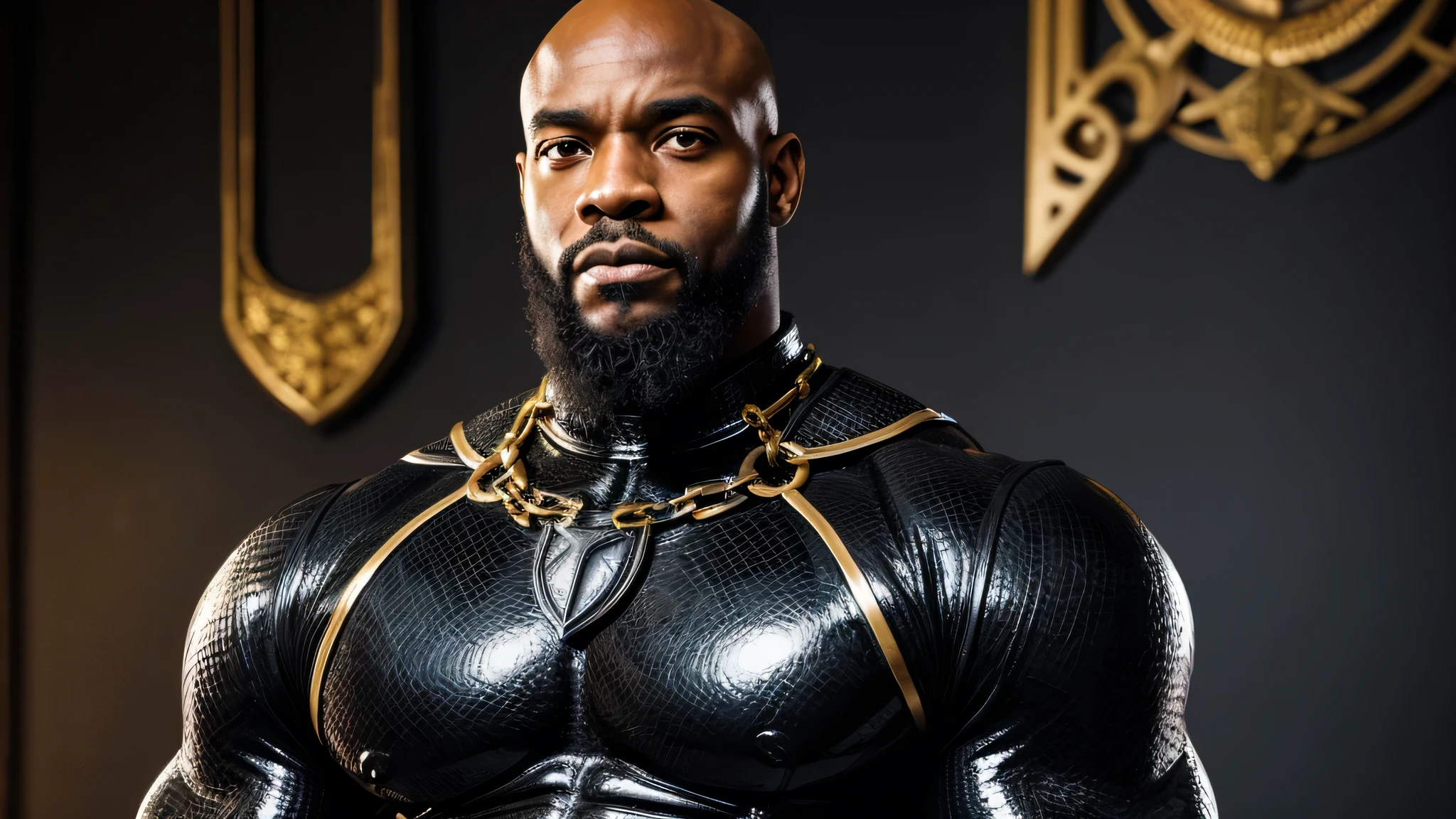 handsome black bodybuilder, goaty beard, bald head, huge muscles, intricate details, detailed background, depth of field, muscular, photo of a handsome black man with a pet dragon, l4tex4rmor, looking at me with the Black Panther uniform and without the mask, shiny latex, studded dog collar,