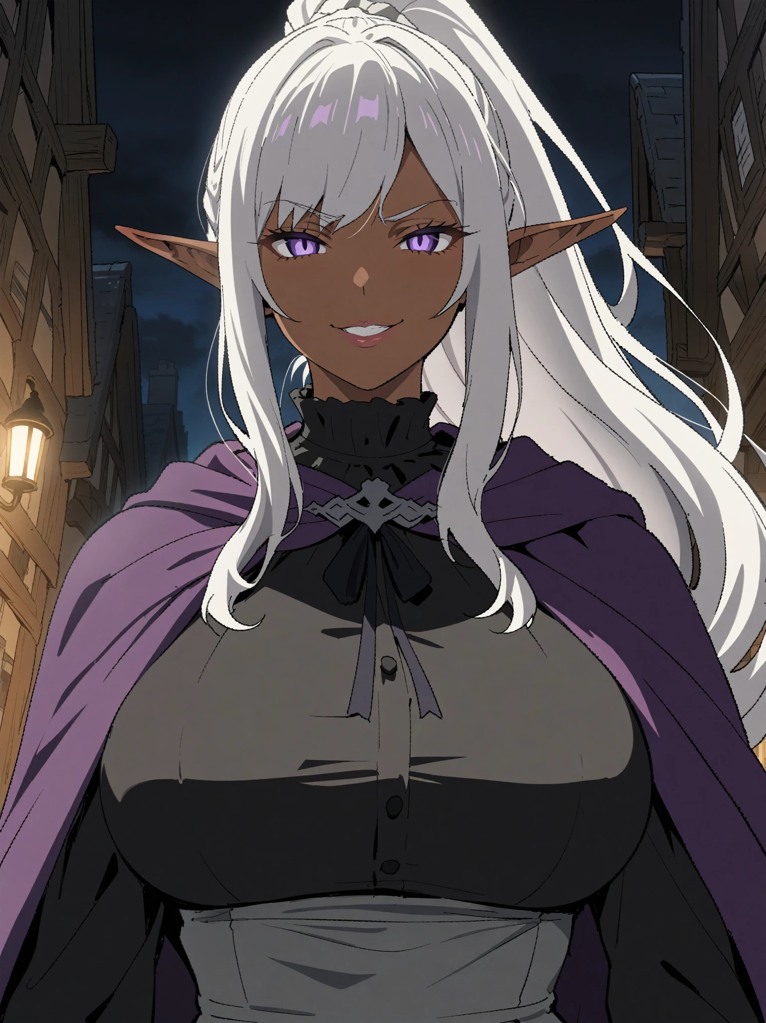 {{portrait, dutch angle}} {{Artist: Sincos}} 1girl, elf, mature female, solo, dark-skinned female, silver hair, long hair, purple eyes, lips, big breasts, curvy, black victorian dress, ponytail, bangs, purple cloak, evil smile, outdoors, town, night, looking at viewer, facing viewer, medieval fantasy, (best quality, highres).

