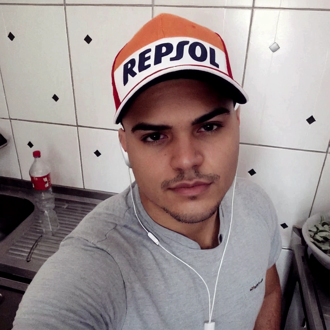 there is a man wearing a cap and headphones in a kitchen, mateus 9 5, inspirado em Nathan Oliveira, david rios ferreira, Simon Raven, caio santos, ismail, perez fabian, Repsol Honda, Andreia, inspired by Antônio Parreiras, foto realista, Mohamed Reda, icaro carvalho