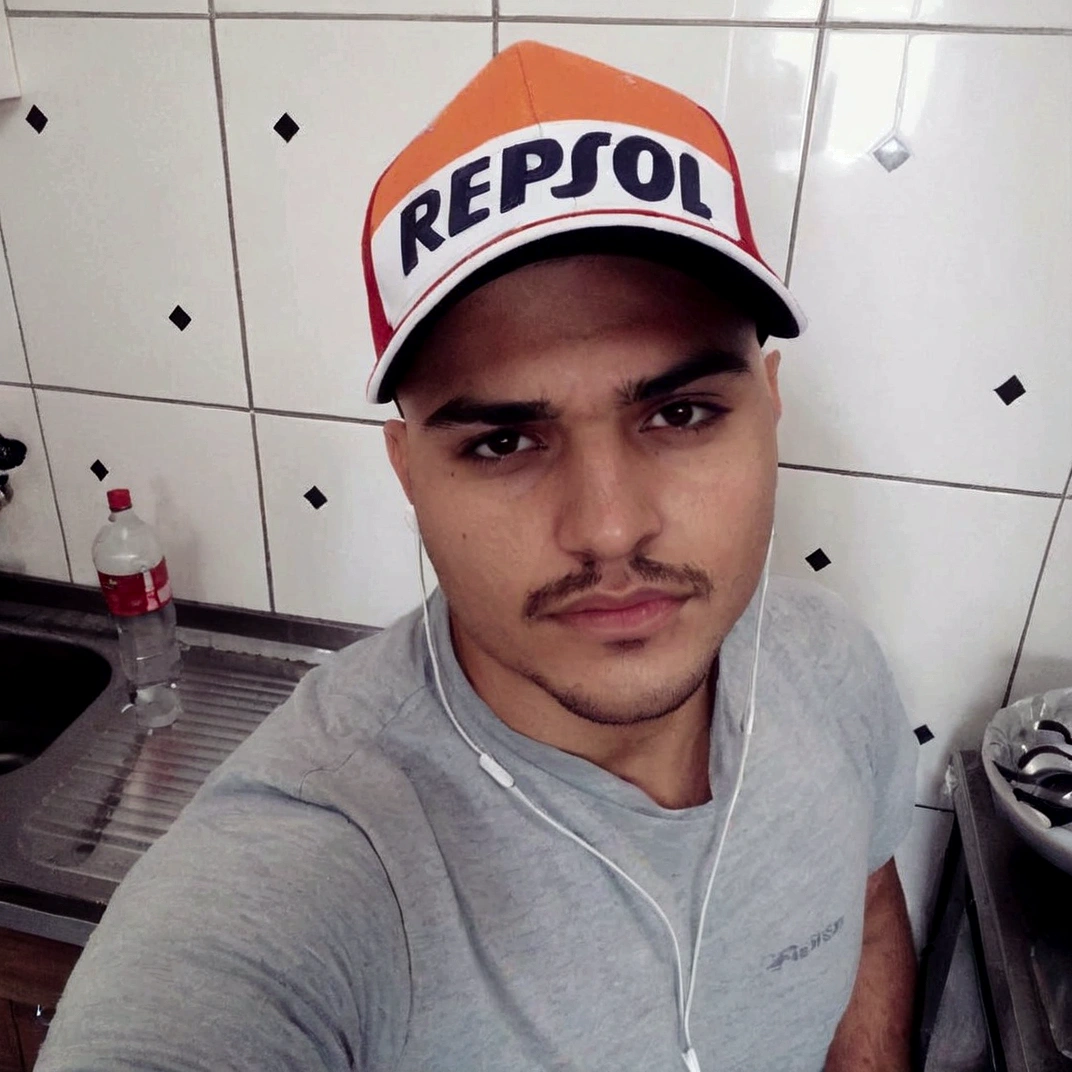 there is a man wearing a cap and headphones in a kitchen, mateus 9 5, inspirado em Nathan Oliveira, david rios ferreira, Simon Raven, caio santos, ismail, perez fabian, Repsol Honda, Andreia, inspired by Antônio Parreiras, foto realista, Mohamed Reda, icaro carvalho