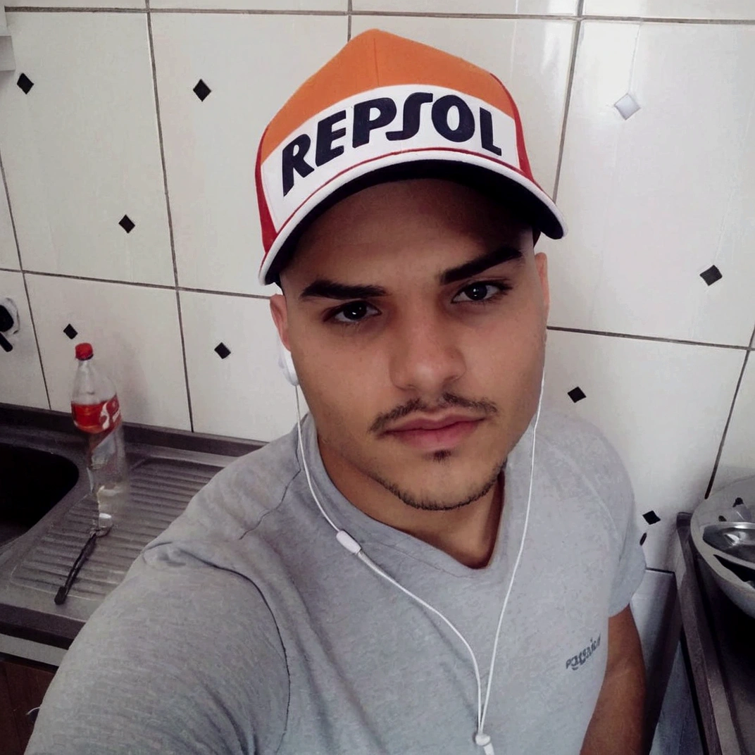 there is a man wearing a cap and headphones in a kitchen, mateus 9 5, inspirado em Nathan Oliveira, david rios ferreira, Simon Raven, caio santos, ismail, perez fabian, Repsol Honda, Andreia, inspired by Antônio Parreiras, foto realista, Mohamed Reda, icaro carvalho