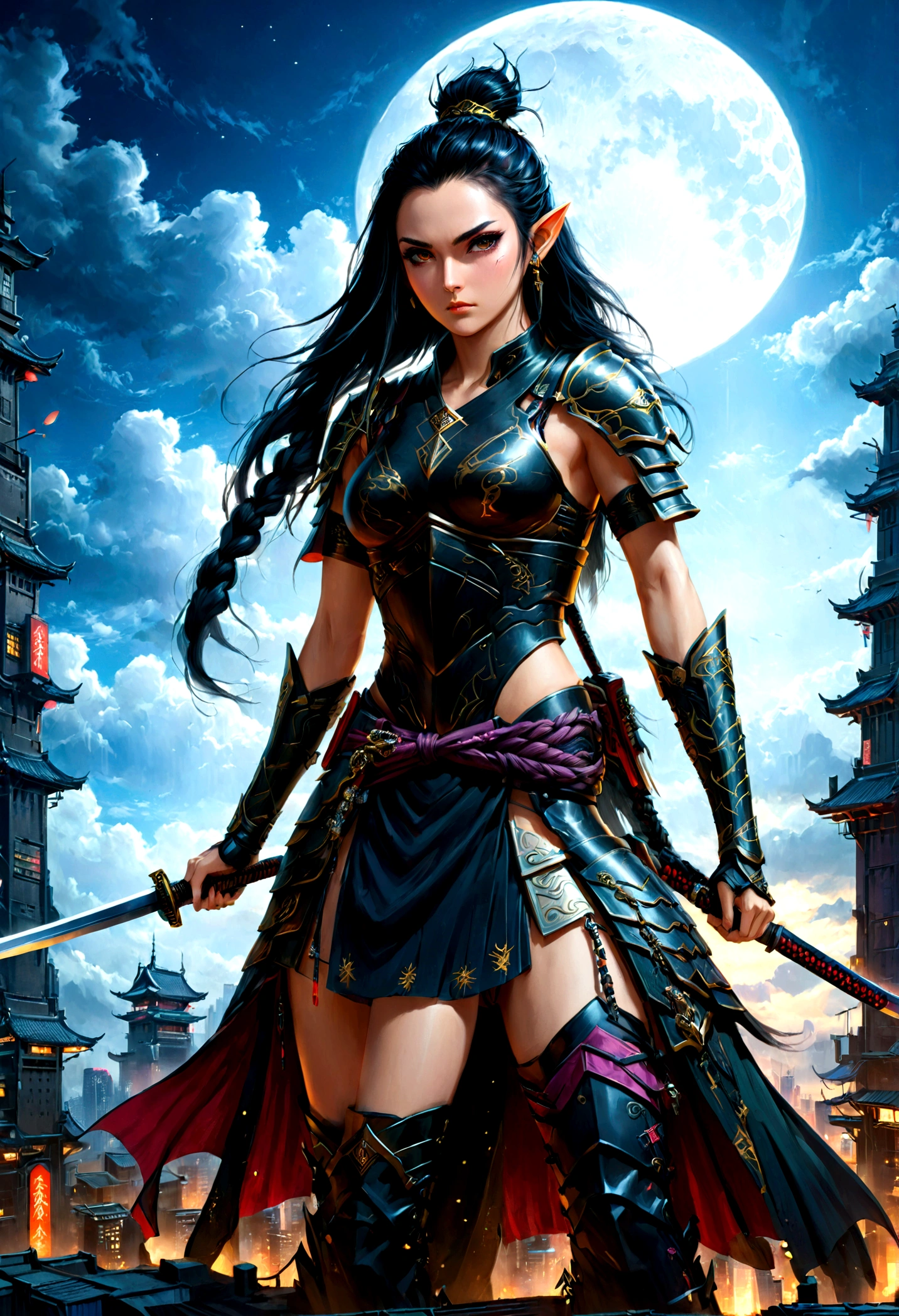 fantasy art, RPG art, dark fantasy art, a female elf samurai, ready to battle, she wears traditional samurai armor, she wears armored skirt, armed with a katana, she stands on top of a tower in a cyberpunk city, exquisite beautiful female elf, long hair, black hair, straight hair, braided hair, black eyes, intense eyes, small pointed ears, cyberpunk city at night, background, moon, stars, clouds, god rays, soft natural light, dynamic angle, photorealism, panoramic view, ultra best realistic, best details, 16k, [ultra detailed], masterpiece, best quality, (extremely detailed), photorealism, 