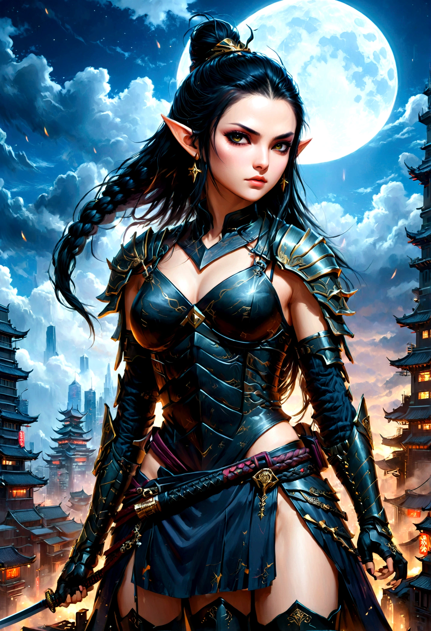 fantasy art, RPG art, dark fantasy art, a female elf samurai, ready to battle, she wears traditional samurai armor, she wears armored skirt, armed with a katana, she stands on top of a tower in a cyberpunk city, exquisite beautiful female elf, long hair, black hair, straight hair, braided hair, black eyes, intense eyes, small pointed ears, cyberpunk city at night, background, moon, stars, clouds, god rays, soft natural light, dynamic angle, photorealism, panoramic view, ultra best realistic, best details, 16k, [ultra detailed], masterpiece, best quality, (extremely detailed), photorealism, 