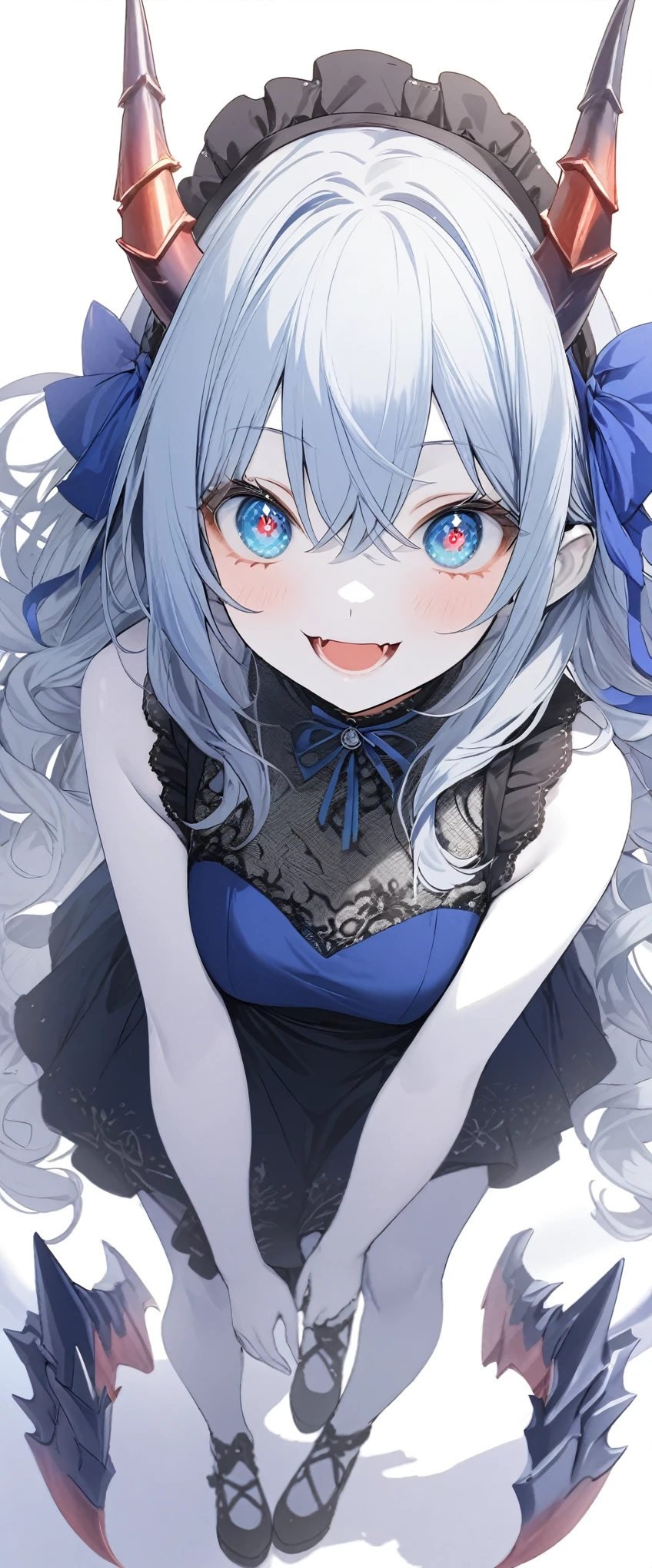 score_9, score_8_up, score_7_up, best quality ,masterpiece, 4k, Japanese anime, 1girl, (white skin:1.2), navy blue hair, medium length hair, blue ribbon, drill hair, wavy hair, (mechanical dragonhorn:1.5), (mechanical wing:1.2), (eye lashes:1.3), (eye shadow:1.3), blue eyes, (beautiful detailed eyes:1.4), laugh, 130cm tall, original character, fantasy, (white background:1.2), (full body:1.8), beautiful fingers, standing, (blue black lace frill armor dress:1.5), (mechanical headdress:1.5) , shoot from front, looking at viewer ,