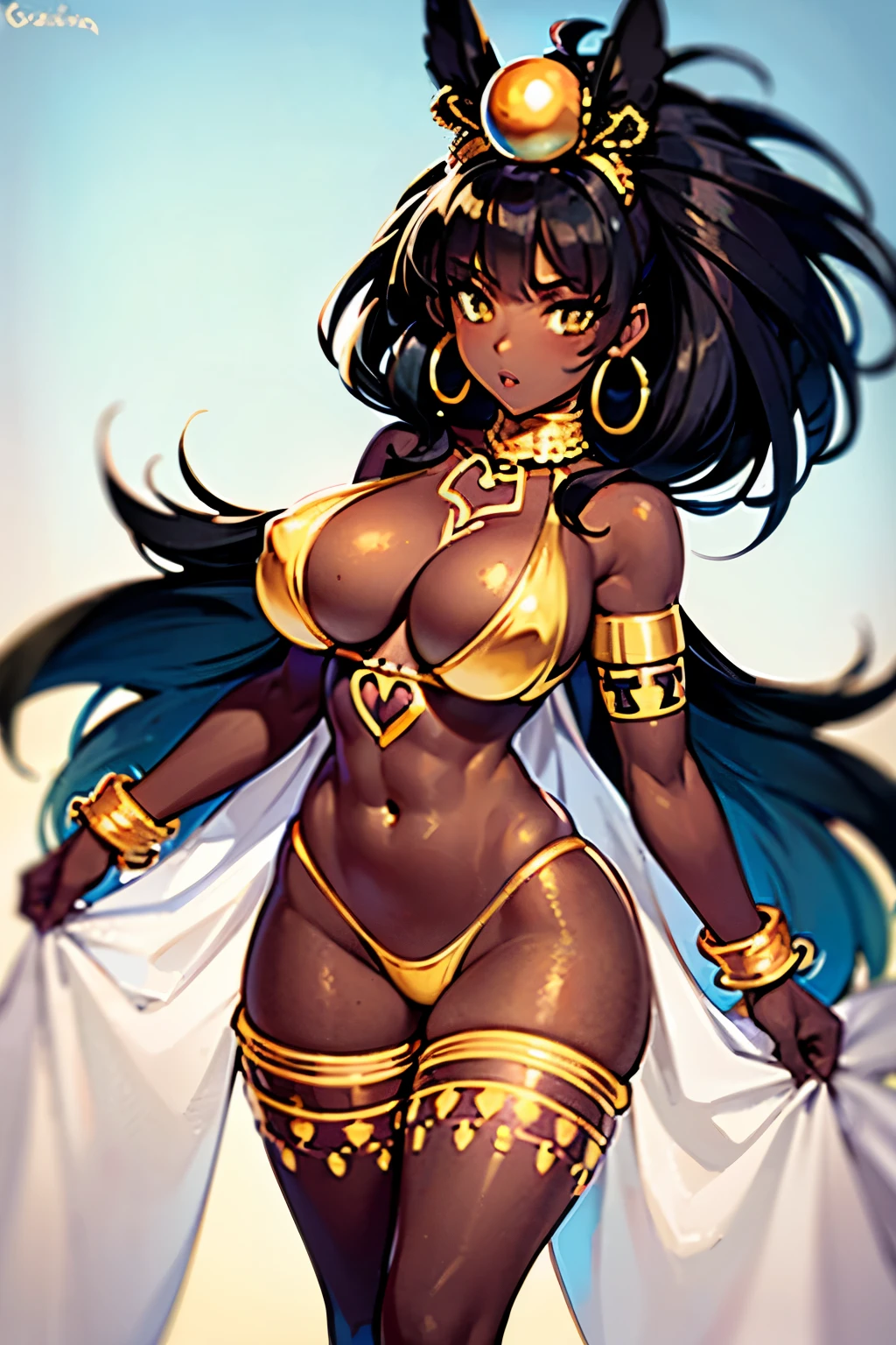Tribal, dark skin, black hair, amber eyes, good quality, jewerly, golden bikini, earrings, body markings, tribe, sexy, white liens on body, white body markings, large breasts, wide hips