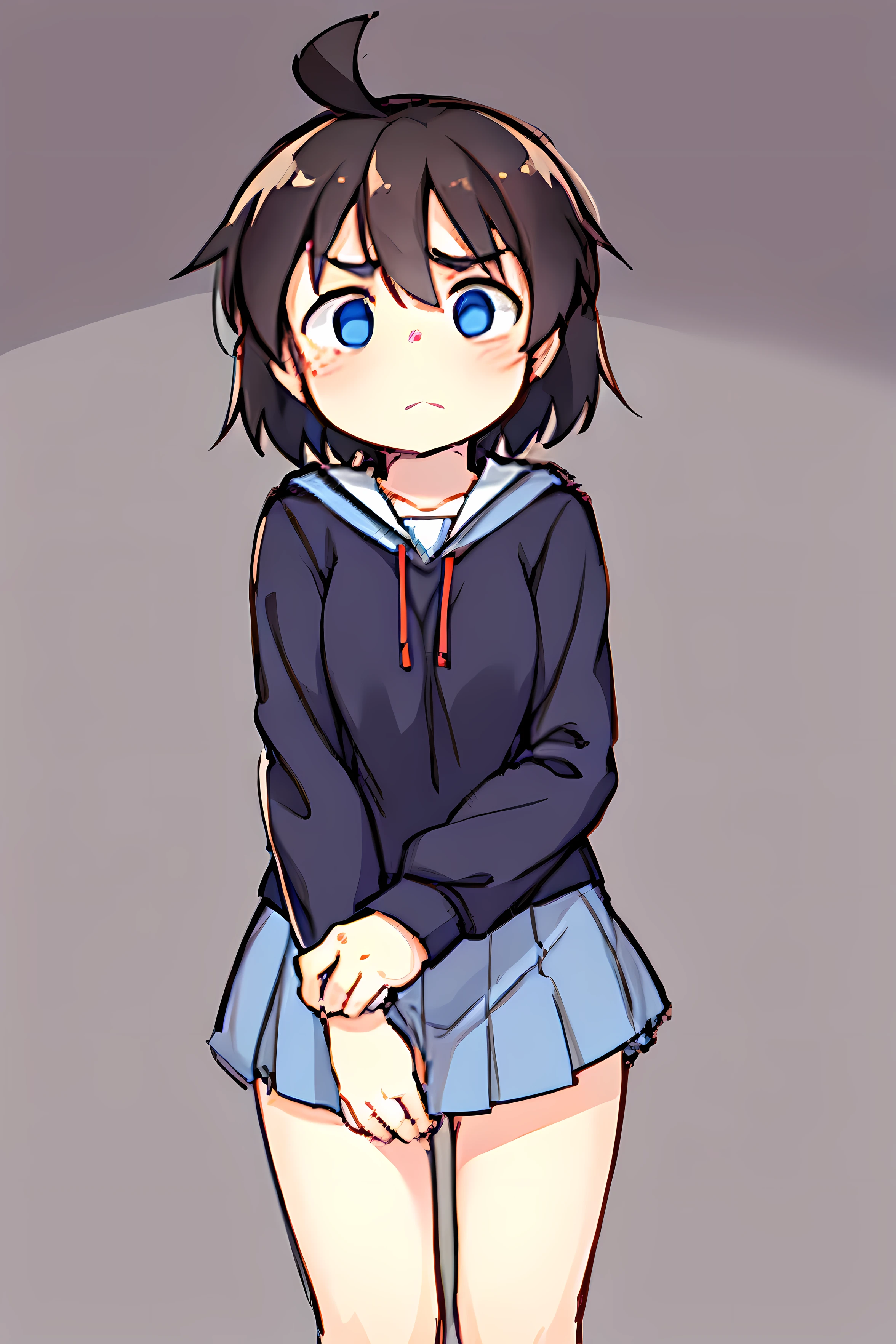 Girl with a somewhat sad expression, wearing a short skirt and blue eyes.