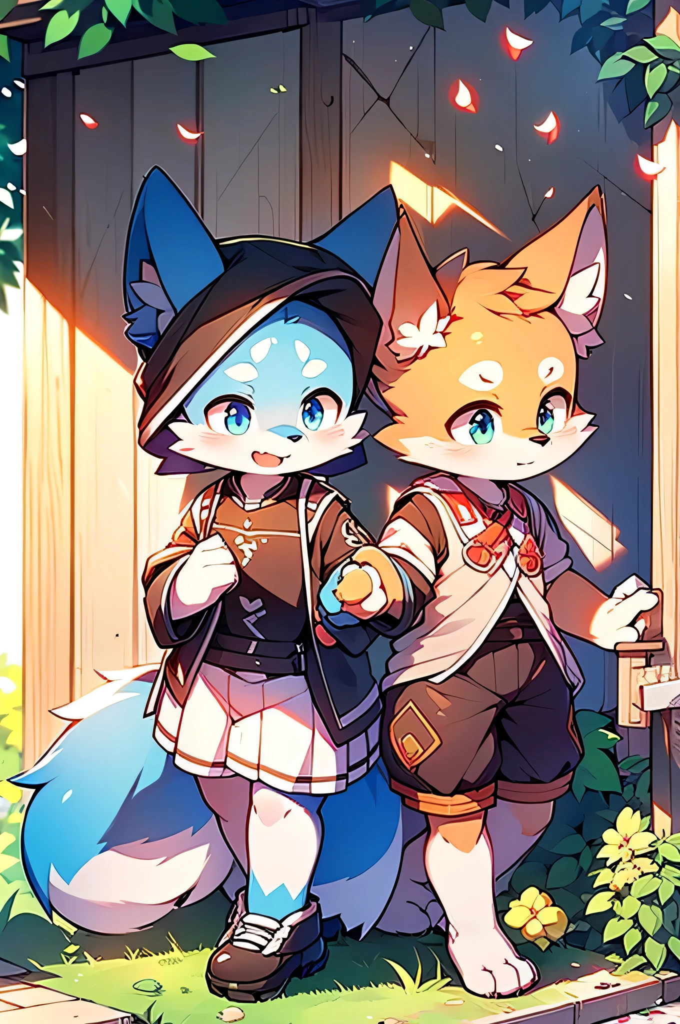 Blue fur, Canine, fox motif, Couple of girls and boys, uniform、Hand in hand，