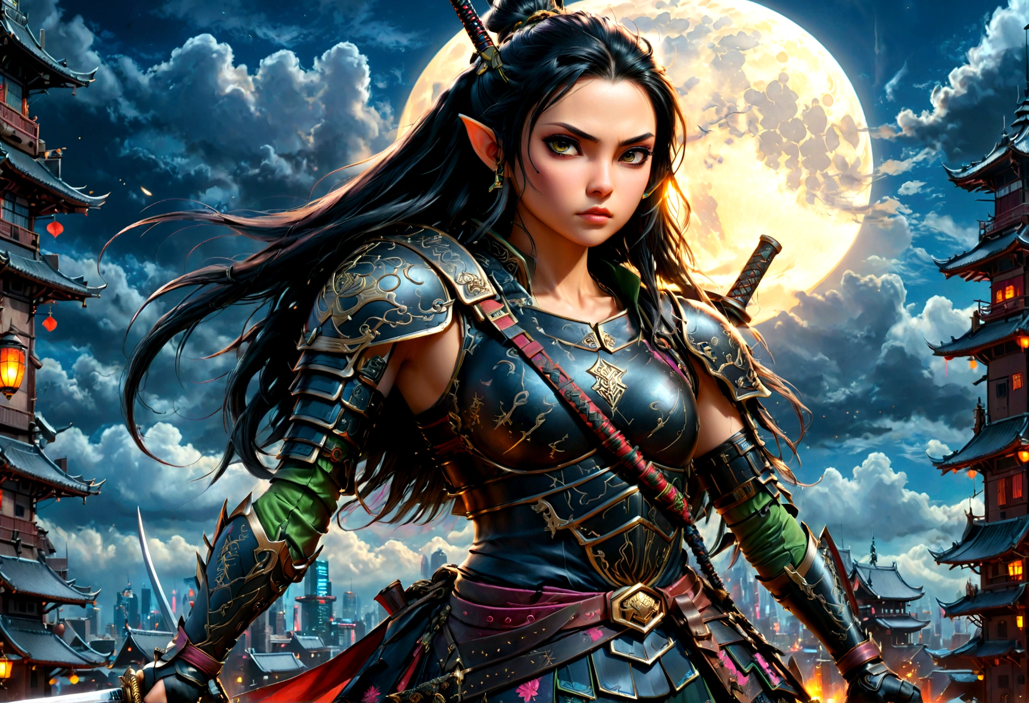 fantasy art, RPG art, dark fantasy art, a female elf samurai, ready to battle, she wears traditional samurai armor, she wears armored skirt, armed with a katana, she stands on top of a tower in a cyberpunk city, exquisite beautiful female elf, long hair, black hair, straight hair, braided hair, black eyes, intense eyes, small pointed ears, cyberpunk city at night, background, moon, stars, clouds, god rays, soft natural light, dynamic angle, photorealism, panoramic view, ultra best realistic, best details, 16k, [ultra detailed], masterpiece, best quality, (extremely detailed), photorealism, armor,