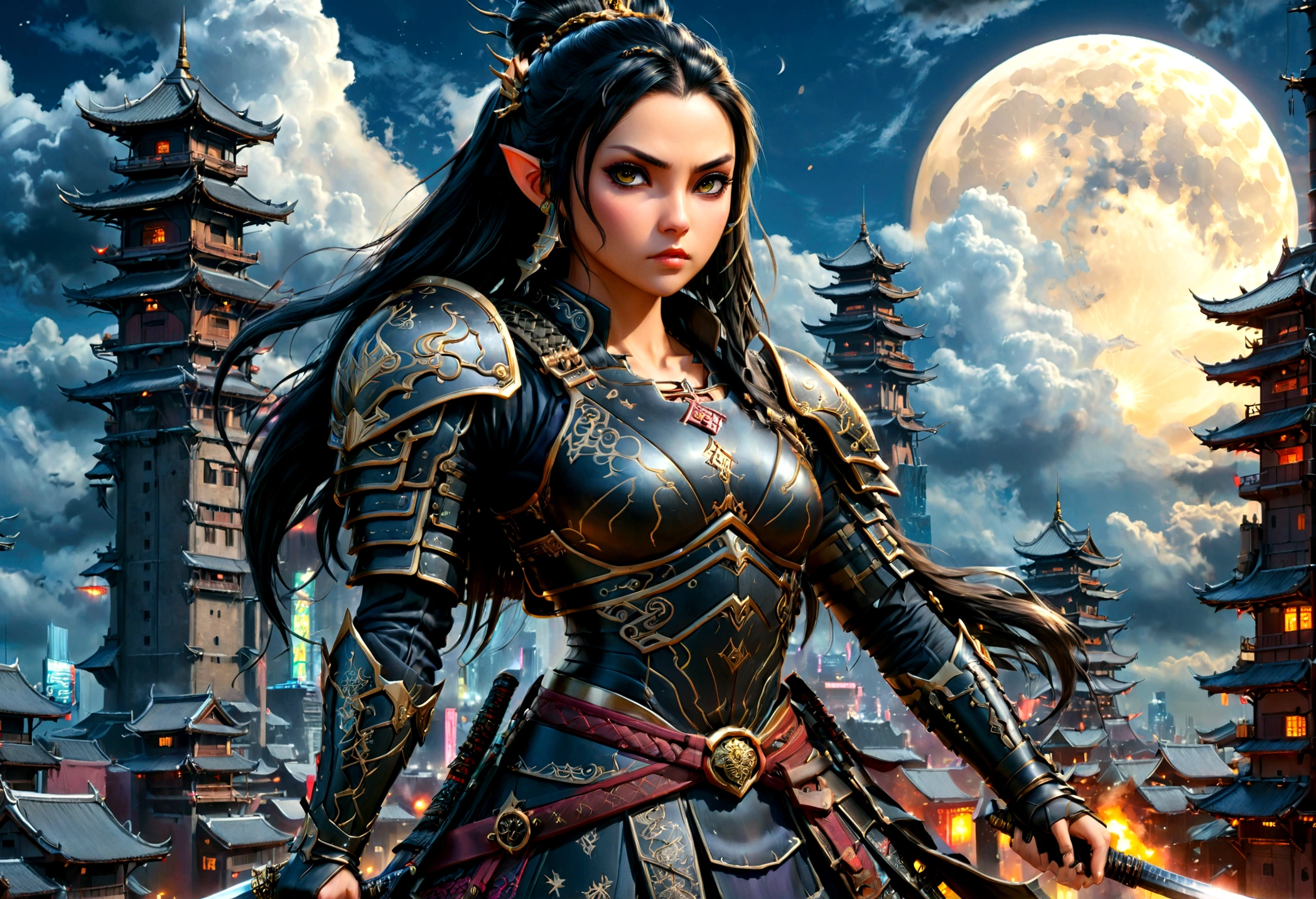 fantasy art, RPG art, dark fantasy art, a female elf samurai, ready to battle, she wears traditional samurai armor, she wears armored skirt, armed with a katana, she stands on top of a tower in a cyberpunk city, exquisite beautiful female elf, long hair, black hair, straight hair, braided hair, black eyes, intense eyes, small pointed ears, cyberpunk city at night, background, moon, stars, clouds, god rays, soft natural light, dynamic angle, photorealism, panoramic view, ultra best realistic, best details, 16k, [ultra detailed], masterpiece, best quality, (extremely detailed), photorealism, armor,