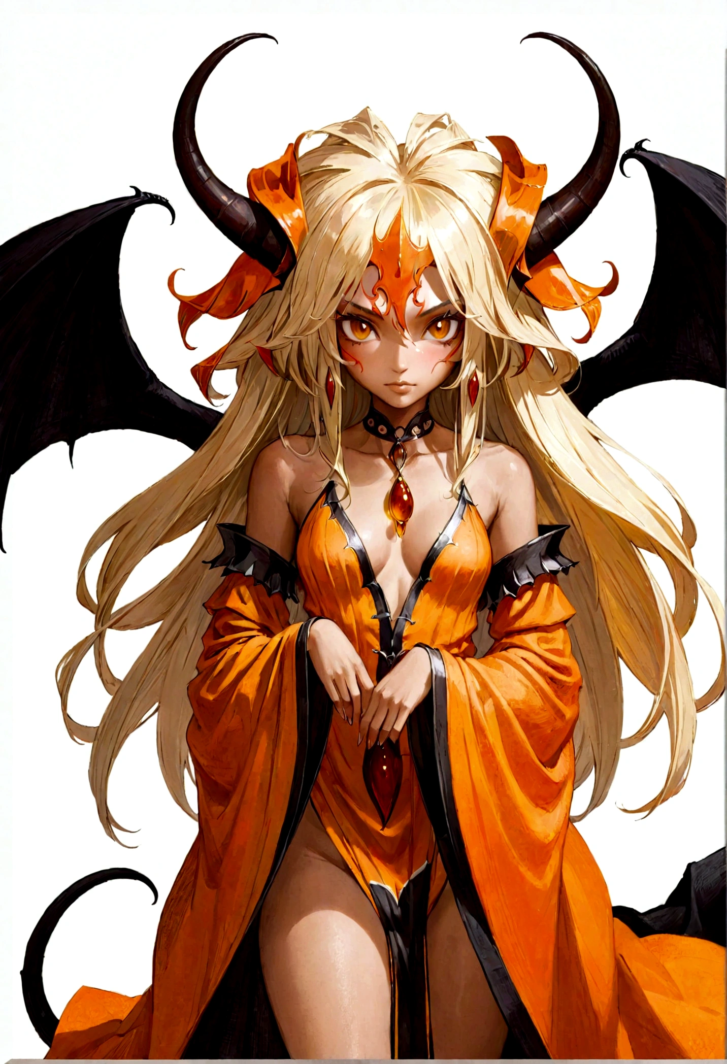 A beautiful orange-skinned woman(afrocentric) orange as a demon Devil with orange skin with long honey brown hair that goes all the way to the ground Make her like a sorceress shaman in a setting filled with magic and mystery A character for medieval RPG She must be wearing medieval robes covering her body like a mage She must wear a medieval costume Her skin is orange orange as an avatar horns and pointed tail like a demon orange skin orange skin light pink skin honey blonde hair hair strands are black in color with white spots spotted black and white hair black hair with white spots, little slut