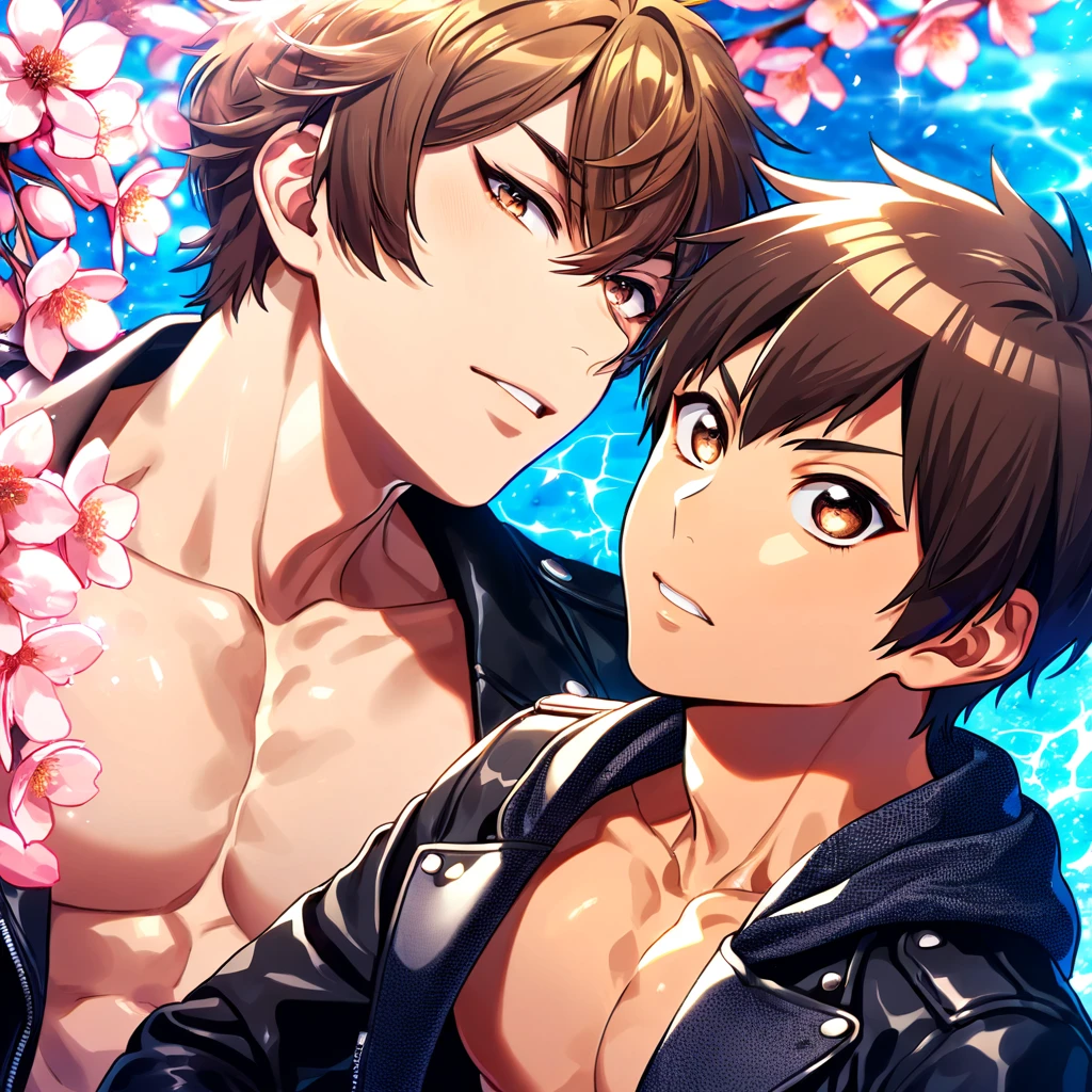 absurdres, highres, ultra detailed, HDR, master piece, best quality, extremely detailed face, delicated features, Sawamura Eijun, brown hair, expressive brown eyes, Diamond No Ace, Miyuki Kazuya, brown hair, messy and windswept, expressive amber eyes, two sexy men together, gay couple, yaoi, handsome, toned chest, black hoodie, black leather jacket, water, blossoms, pink flowers, pink butterflies, fantasy, magic, radiant