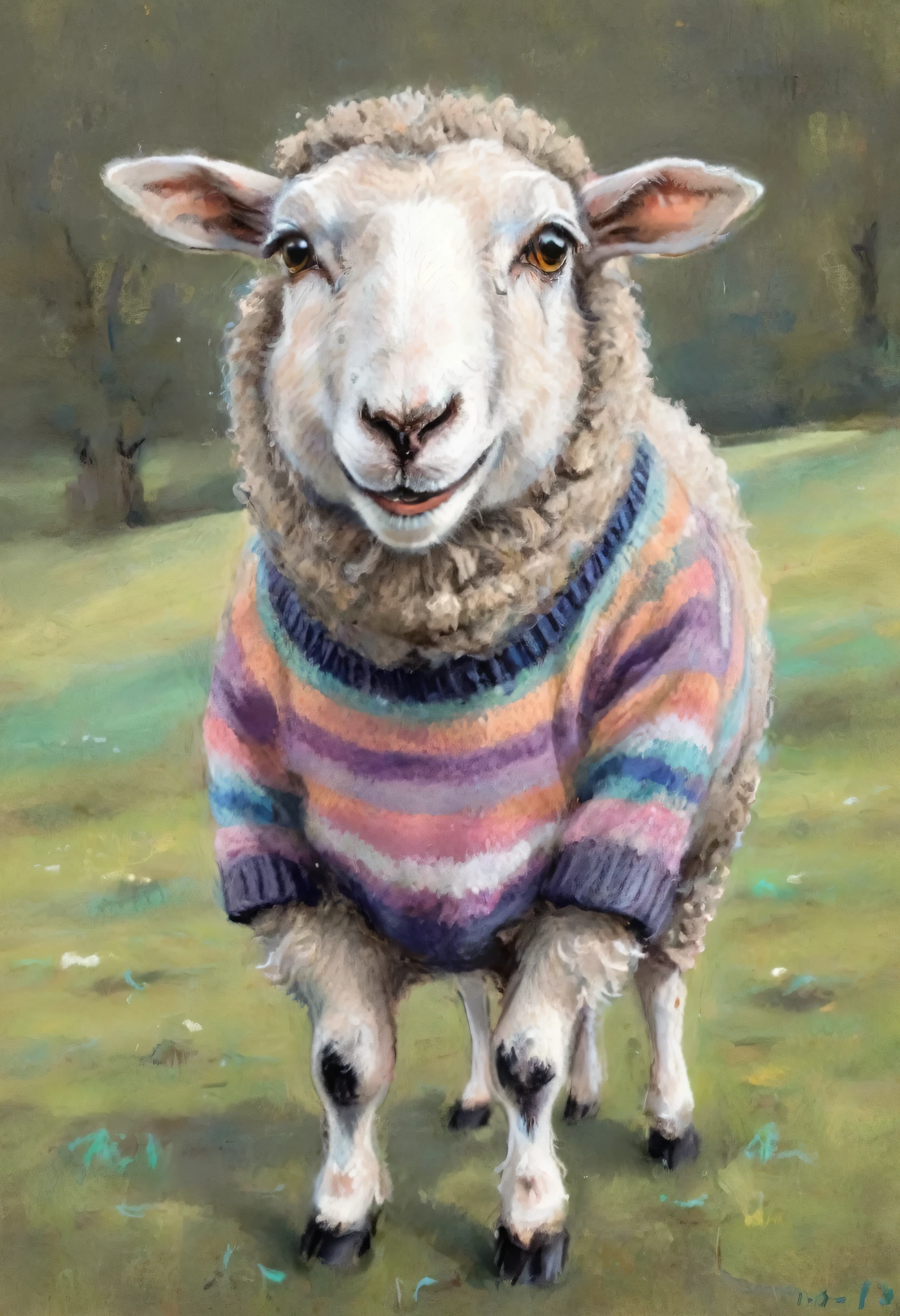 drawing with pastels of a vey cute sheep on a field wearing colorful knitted sweater
