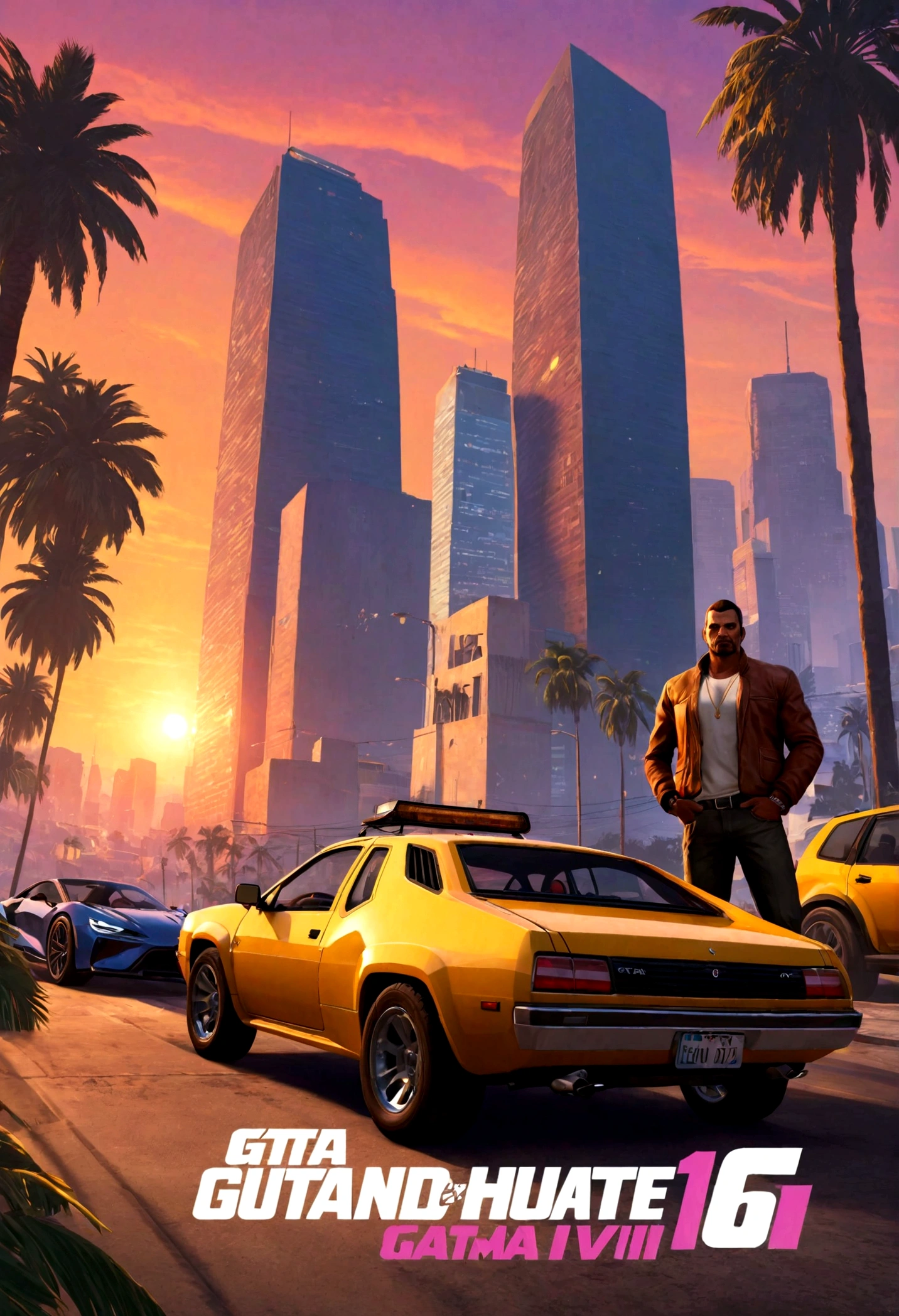 "Create an image that captures the essence of the Grand Theft Auto VI (GTA 6) game, featuring a cityscape at sunset, a sub, golden renault duster, chase with a sports car, and, characters in vivid colors, a couple posing in front of the vehicle, palms in in the background. The game's logo should be prominently displayed."