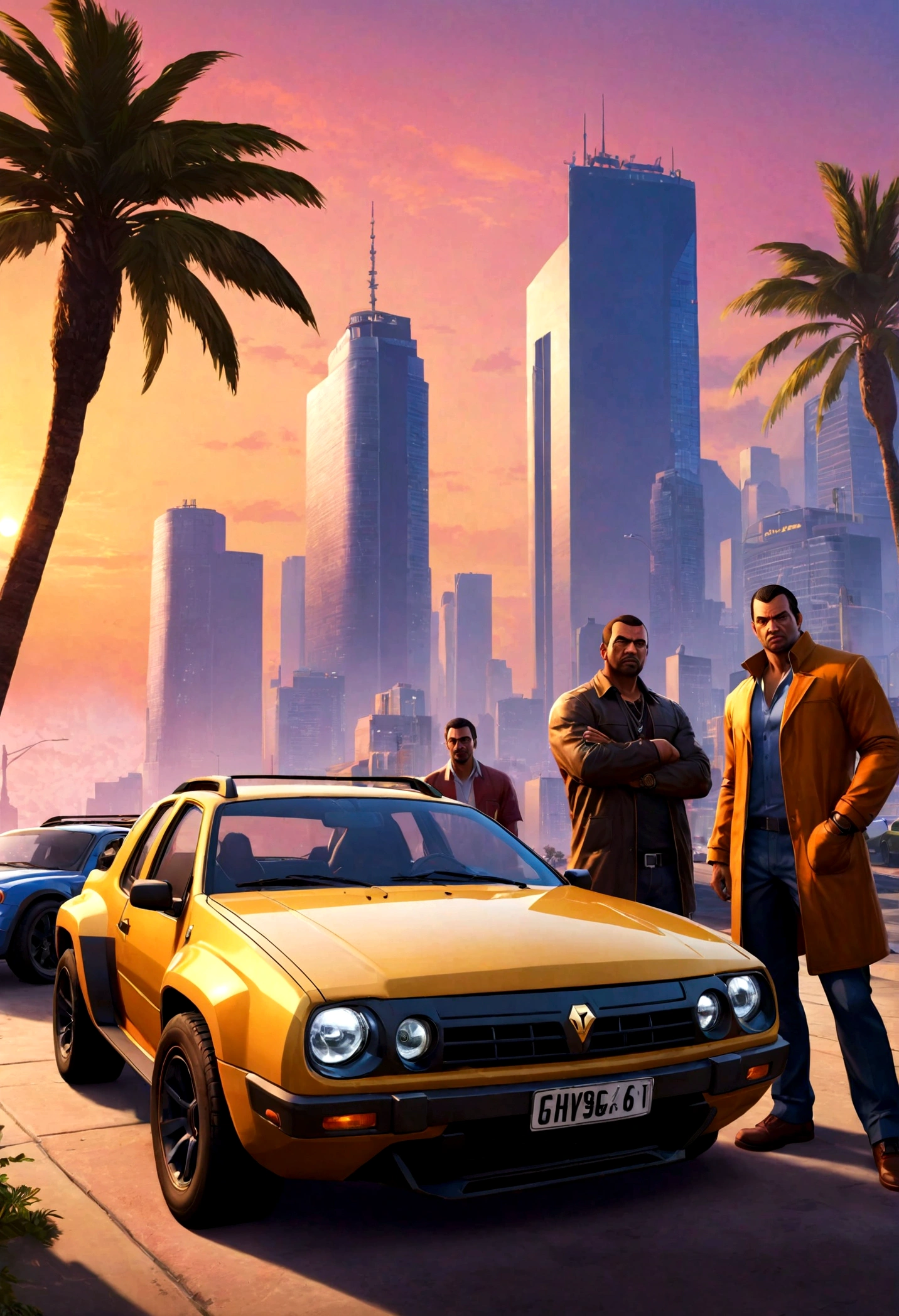 "Create an image that captures the essence of the Grand Theft Auto VI (GTA 6) game, featuring a cityscape at sunset, a sub, golden renault duster, chase with a sports car, and, characters in vivid colors, a couple posing in front of the vehicle, palms in in the background. The game's logo should be prominently displayed."