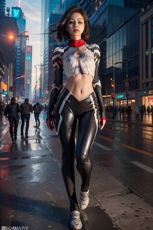 ((masterpiece, 8K, 3D, Realistic, Super Detail)), (1girl:1.3), slender 17 age, Ultra Micro photography, Super realistic, Perfect face, Beautiful features, ((Perfect female body)) Beautiful features, ( body), ((small hips)), Melissa Benoist as Cyberpunk Mech suit ((Exposed thigh)), Exposed Skin, Front Full body Shot, full body portrait, futuristic city background