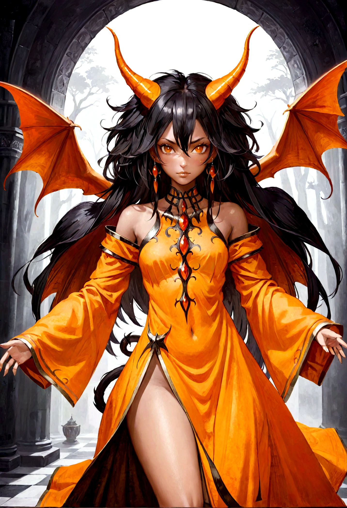 A beautiful orange-skinned woman(afrocentric) orange as a demon Devil with orange skin with long honey brown hair that goes all the way to the ground Make her like a sorceress shaman in a setting filled with magic and mystery A character for medieval RPG She must be wearing medieval robes covering her body like a mage She must wear a medieval costume Her skin is orange orange as an avatar horns and pointed tail like a demon orange skin orange skin light pink skin honey blonde hair hair strands are black in color with white spots spotted black and white hair black hair with white spots, little slut