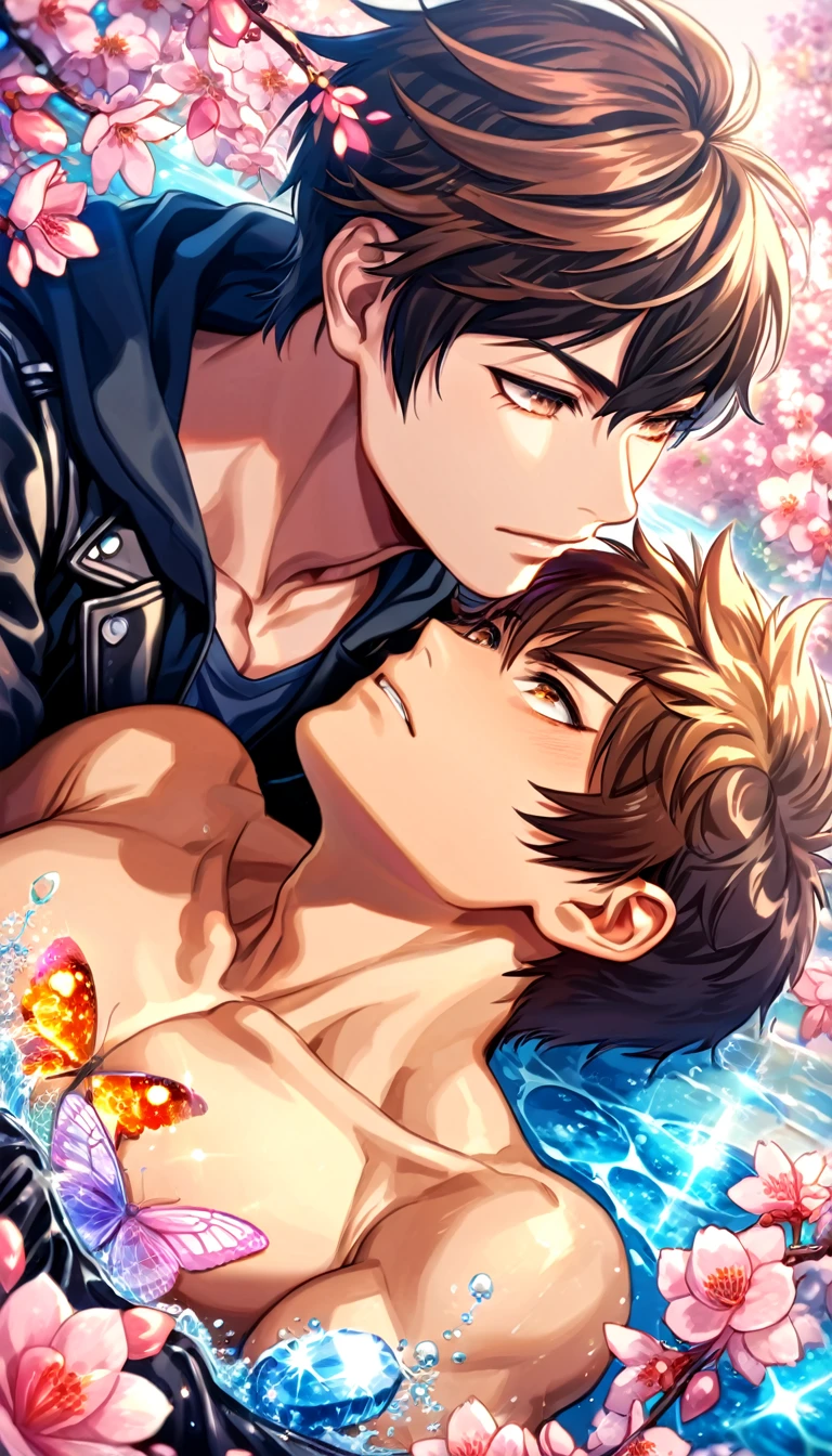 absurdres, highres, ultra detailed, HDR, master piece, best quality, extremely detailed face, delicated features, Sawamura Eijun, brown hair, expressive brown eyes, Diamond No Ace, Miyuki Kazuya, brown hair, messy and windswept, expressive amber eyes, two sexy men together, gay couple, yaoi, handsome, toned chest, black hoodie, black leather jacket, water, blossoms, pink flowers, pink butterflies, fantasy, magic, radiant