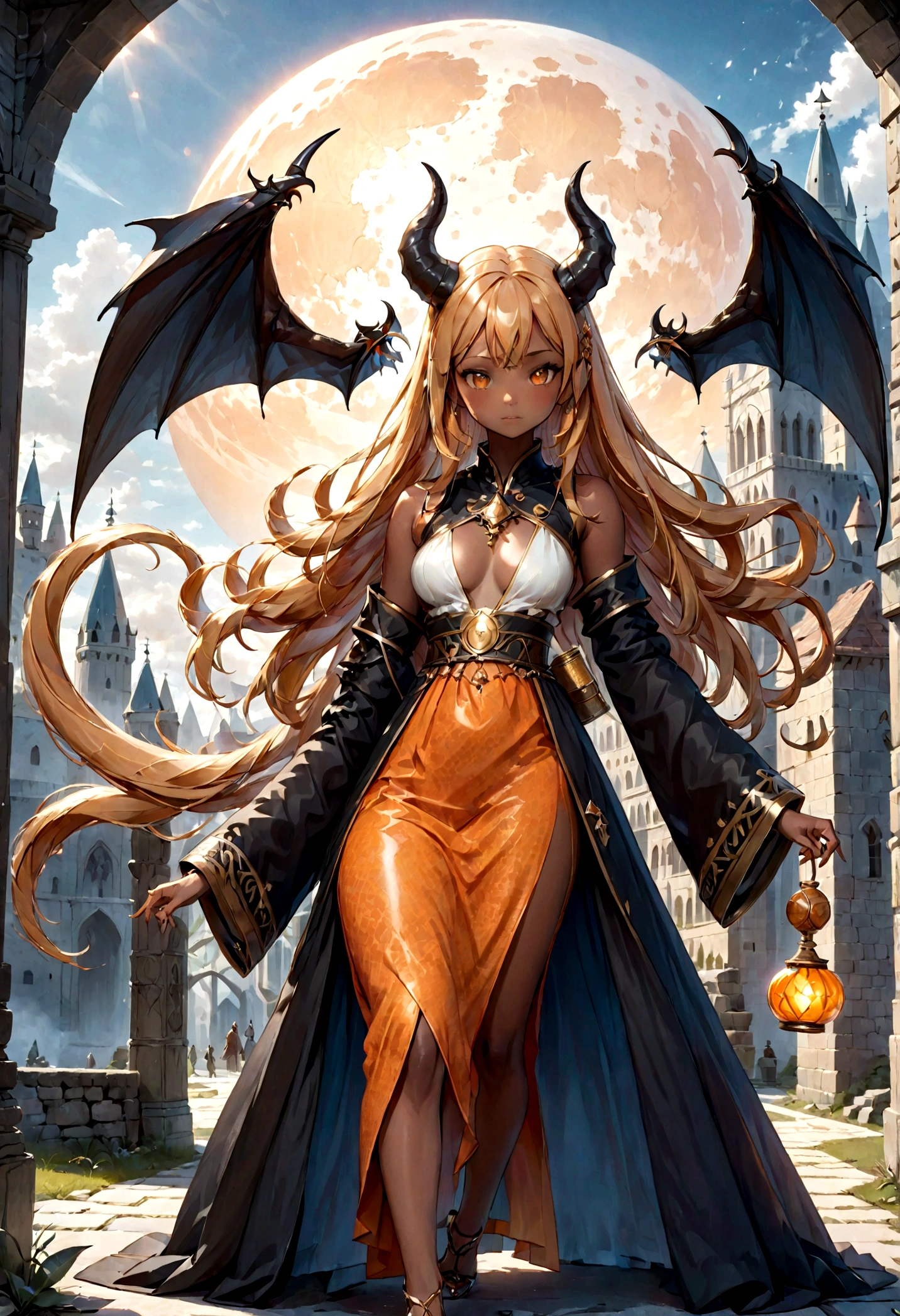 A beautiful orange-skinned woman(afrocentric) orange as a demon Devil with orange skin with long honey brown hair that goes all the way to the ground Make her like a sorceress shaman in a setting filled with magic and mystery A character for medieval RPG She must be wearing medieval robes covering her body like a mage She must wear a medieval costume Her skin is orange orange as an avatar horns and pointed tail like a demon orange skin orange skin light pink skin honey blonde hair hair strands are black in color with white spots spotted black and white hair black hair with white spots, little slut