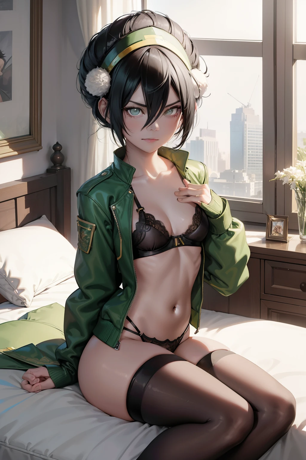 Toph beifong ,1girl , anime , masterpiece , Black hair,green jaqueta aberta open clothes ,toph beifong , smug face ,ahegao , solo , gren jacket, open clothes, bra , flat chest ,pantie , long socks , looking at viewer , bedroom .