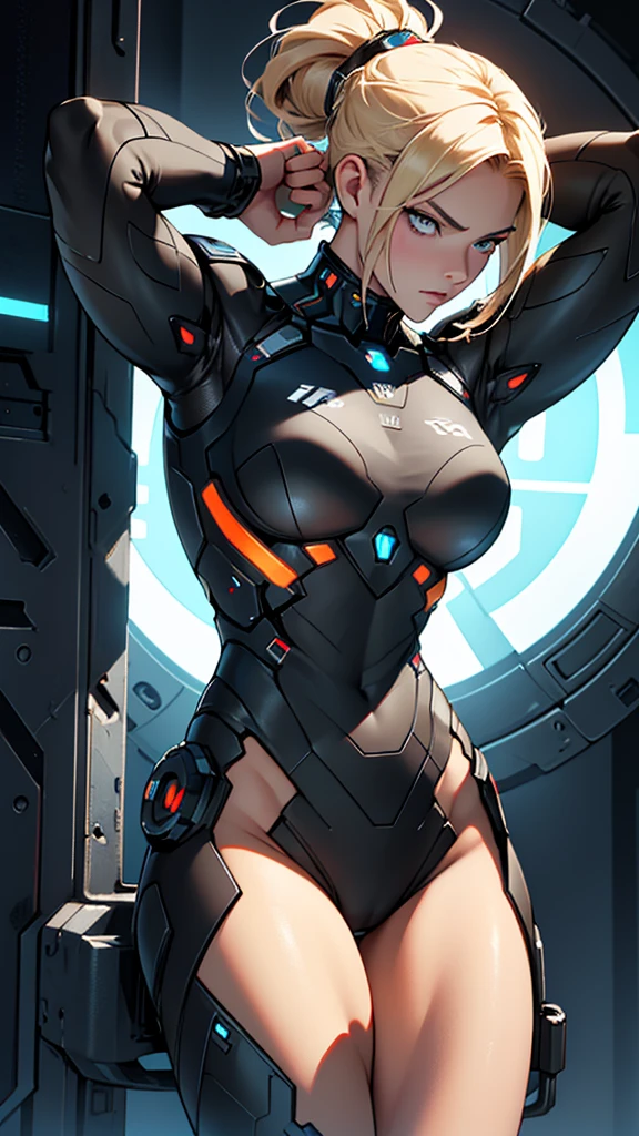 Beautiful cybernetic girl in black mobile cybernetic battle suit detailed muscles realistic masterpieces full figure pose (best quality,ultra-detailed), blonde-hair with updo, hazel eyes, fair skin, fit body, slim figure, narrow waist, large buttocks, (cocky expression), wearing cybernetic battle spacesuit