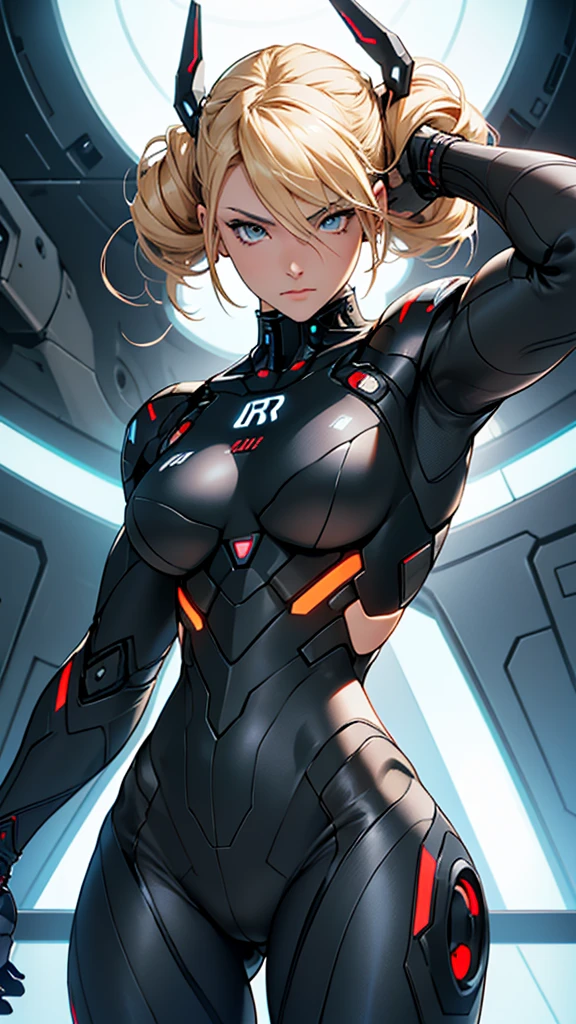 Beautiful cybernetic girl in black mobile cybernetic battle suit detailed muscles realistic masterpieces full figure pose (best quality,ultra-detailed), blonde-hair with updo, hazel eyes, fair skin, fit body, slim figure, narrow waist, large buttocks, (cocky expression), wearing cybernetic battle spacesuit