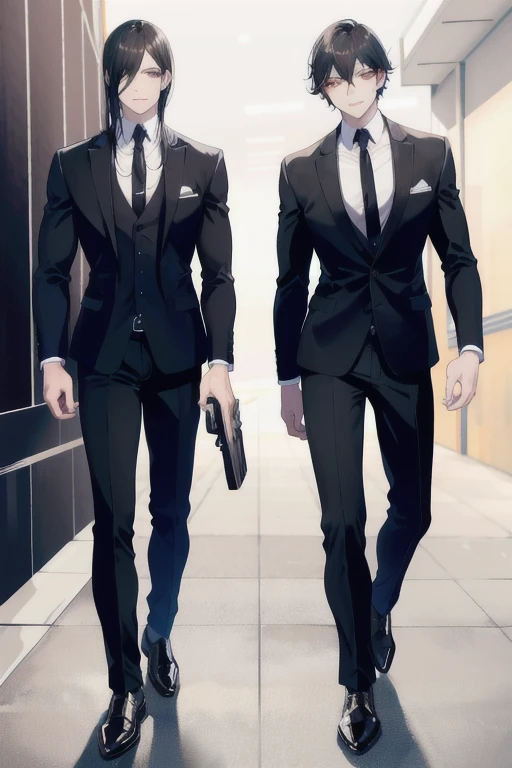 They are twin brothers, two muscular boys, one is the most serious, has long black hair, has fair skin with red eyes, wears a suit and has a gun and the other is more smiling, short, black hair, skin with vitiligo, very light parts and other brown parts, yellow eyes, wears suit and has a gun