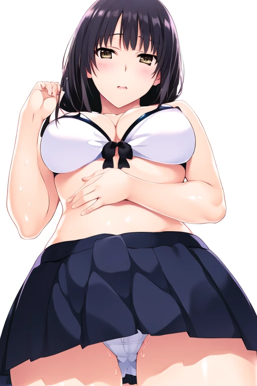 (8k, RAW Photos, highest quality, masterpiece:1.2),
One girl,alone,Mature Woman,Black Hair,Brown eyes,Long Hair, chest, chestの谷間, bikini, white bikini, View Viewer,alone, One girl, View Viewer, 2D, anime, anime coloring, Upper Body, (Simple Background, White background:1.3), utaha kasumigaoka, (((Skirt flip, I can see your panties)))，squat，From below，blush，Embarrassing， (( 指で膣を触ってMasturbationする)),Masturbation，orgasm，Love juice, 床にこぼれるLove juice, liquid splashing from girl, (( 指で膣を触ってMasturbationする))，Climax，Climax，Squirting，
Beach, 
 