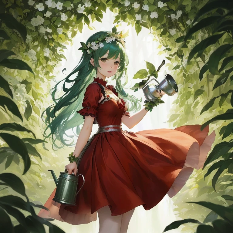 anime girl in red dress holding a watering can and a watering can, in dress, cute anime waifu in a nice dress, official art, goddess of nature, anime lush john 8k woods, official artwork, cushart krenz key art feminine, marin kitagawa fanart, a maid in a magical forest, zerochan art,