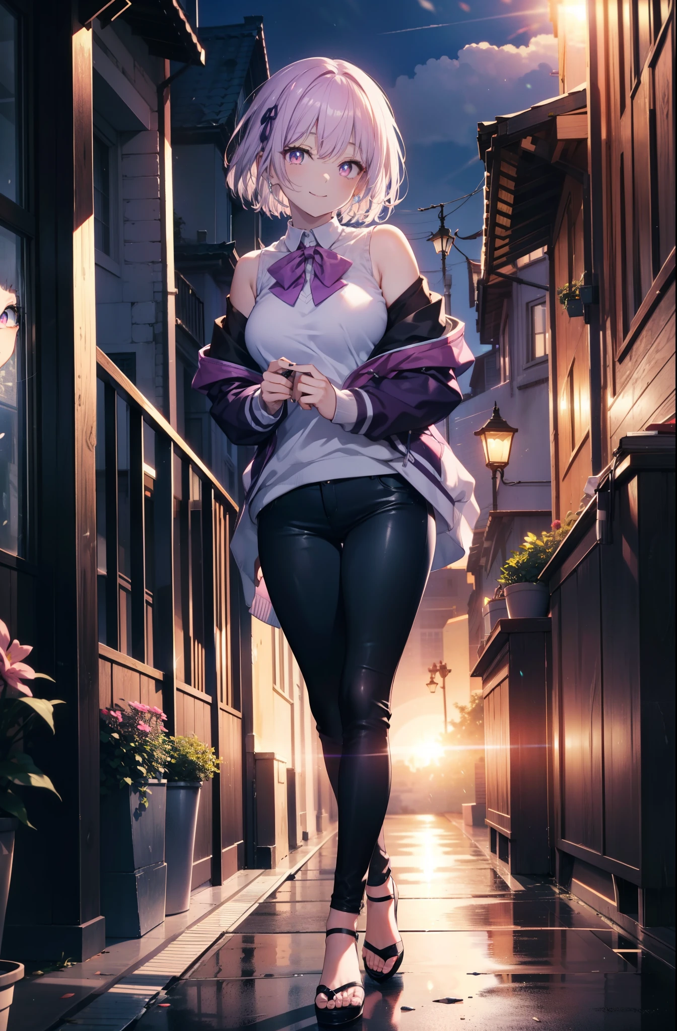 akaneshinjou, shinjou akane, Light purple hair, (Pink Eyes:1.2), short hair,hair band,Cold shoulder tops,skinny pants,Stiletto heels,walking,morning,morning陽,The sun is rising,whole bodyがイラストに入るように,happy smile, smile, Close your mouth,
break looking at viewer,whole body, break outdoors ,Residential Street, break (masterpiece:1.2), highest quality, High resolution, unity 8k wallpaper, (shape:0.8), (Beautiful and beautiful eyes:1.6), Highly detailed face, Perfect lighting, Extremely detailed CG, (Perfect hands, Perfect Anatomy),