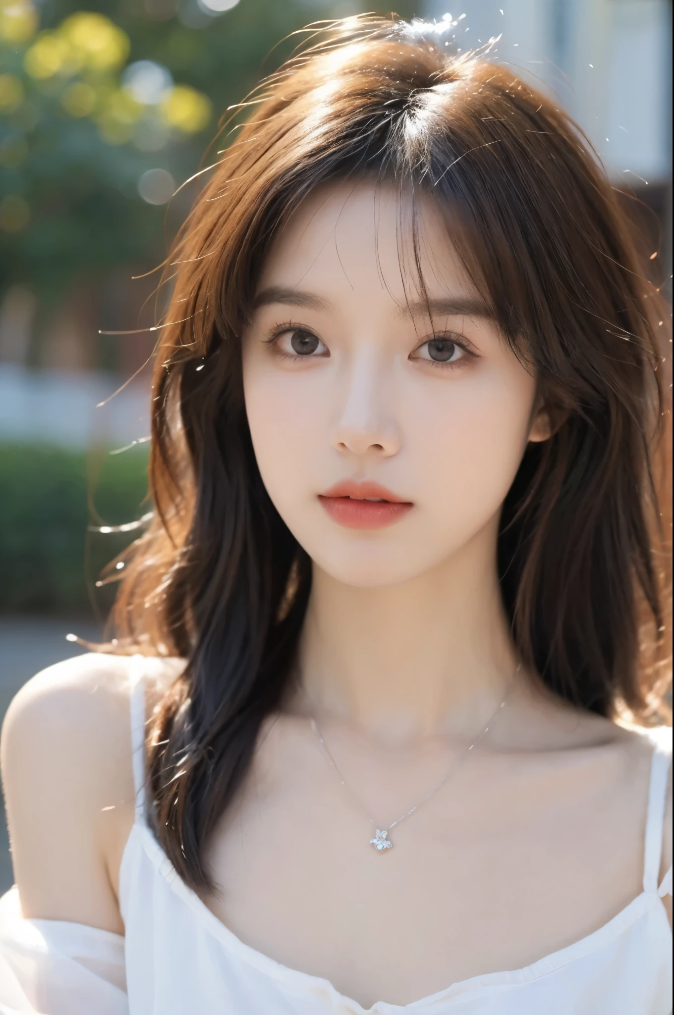 Film portrait photography, 1 girl, bare shoulders,lipstick,(flat chest:1.4), Shoulder length wavy hair, wear necklace,Headbands,short sleeves,serene, calm, (Realistic and detailed eyes, natural skin texture, Realistic facial details), Soft dramatic lighting, depth of field, Bokeh, Vibrant details, detailed meticulous, hyper-realistic, 35mm film, hazy, ,