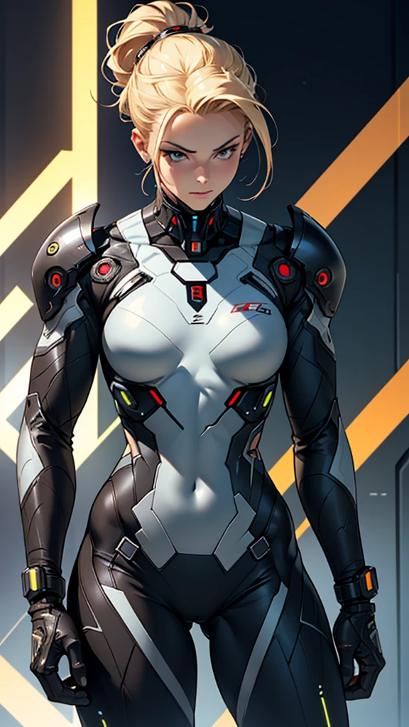 Beautiful cybernetic girl in black mobile cybernetic battle suit detailed muscles realistic masterpieces full figure pose (best quality,ultra-detailed), blonde-hair with updo, hazel eyes, fair skin, fit body, slim figure, narrow waist, large buttocks, (cocky expression), wearing cybernetic battle spacesuit