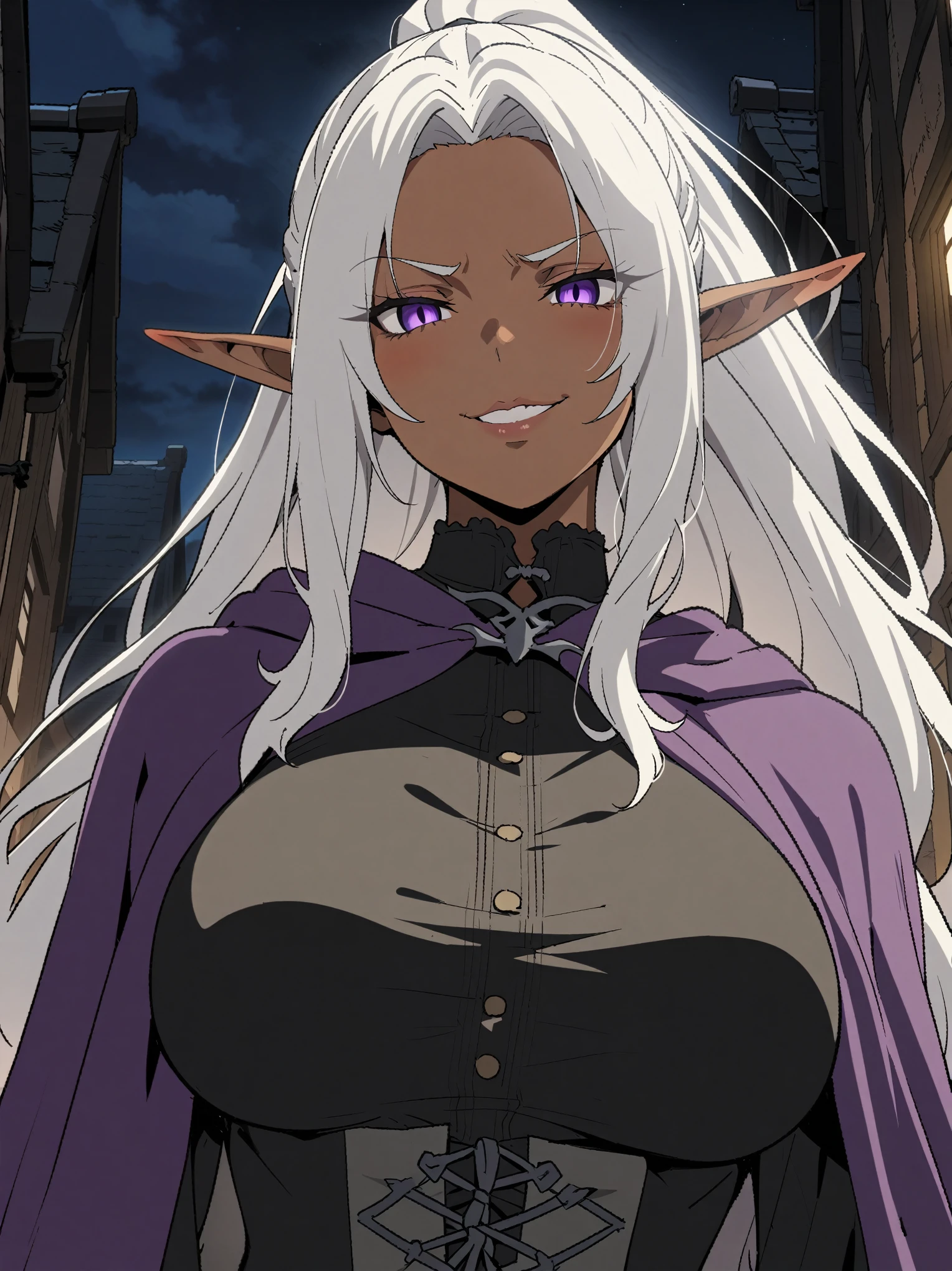 {{portrait, dutch angle}} {{Artist: Sincos}} 1girl, elf, mature female, solo, dark-skinned female, silver hair, long hair, purple eyes, lips, big breasts, curvy, black victorian dress, ponytail, bangs, purple cloak, evil smile, outdoors, town, night, looking at viewer, facing viewer, medieval fantasy, (best quality, highres).