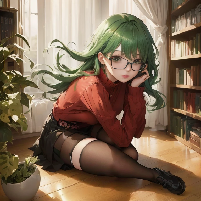 anime girl with green hair and glasses sitting on the floor, anime moe artstyle, smooth anime cg art, seductive anime girl, painted in anime painter studio, anime visual of a cute girl, with glasses, marin kitagawa fanart, cute anime girl, young anime girl, guweiz on pixiv artstation, (anime girl), made with anime painter studio