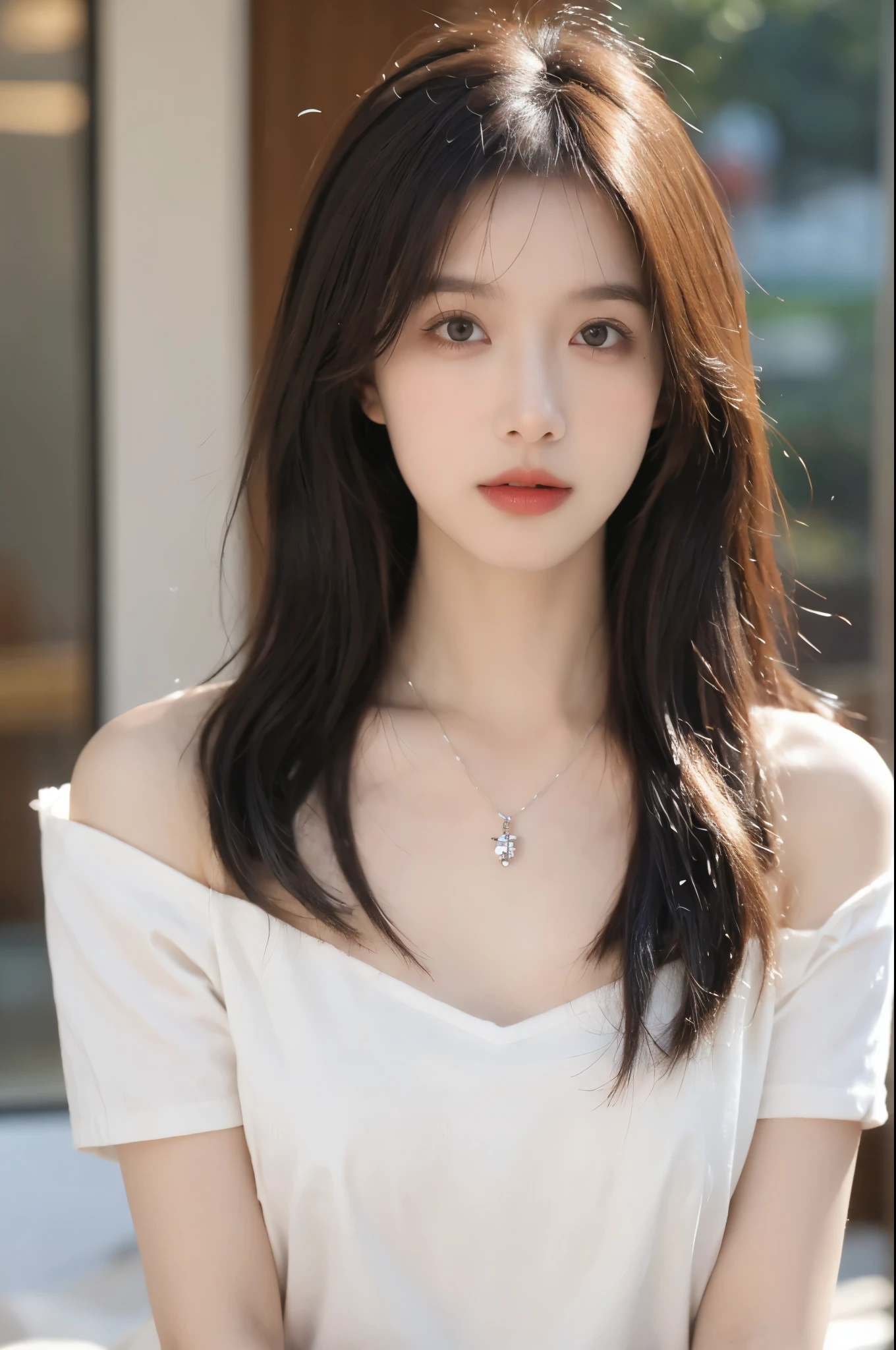 Film portrait photography, 1 girl, bare shoulders,lipstick,(flat chest:1.4), Shoulder length wavy hair, wear necklace,Headbands,short sleeves,serene, calm, (Realistic and detailed eyes, natural skin texture, Realistic facial details), Soft dramatic lighting, depth of field, Bokeh, Vibrant details, detailed meticulous, hyper-realistic, 35mm film, hazy, ,
