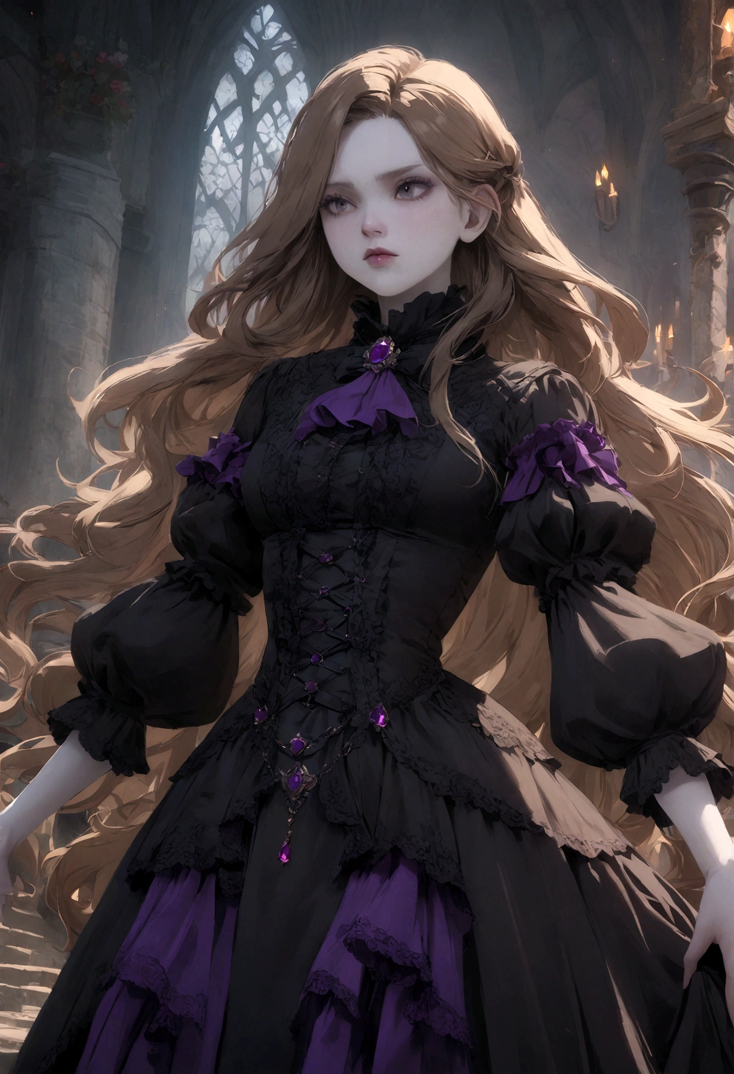 castlevania girl with pale skin, brown long hair and a victorian black dress with purple details, 4k 