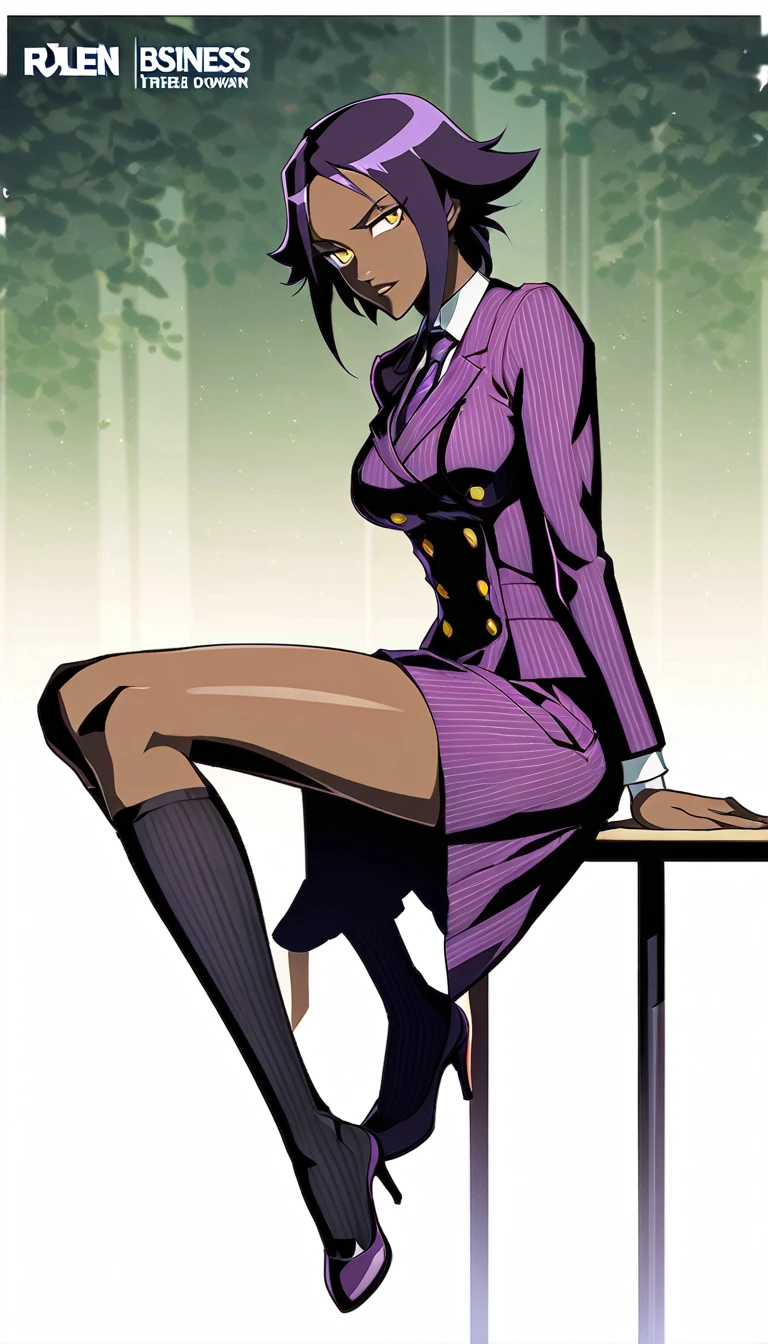  Full body Yoruichi as a thin Black business woman in a double breasted pinstripe purple  skirt suit while wearing a tie with a very long purple pinstripe skirt that covers the legs and with long black knee socks full art and make her sit down also give her thin legs and purple heels